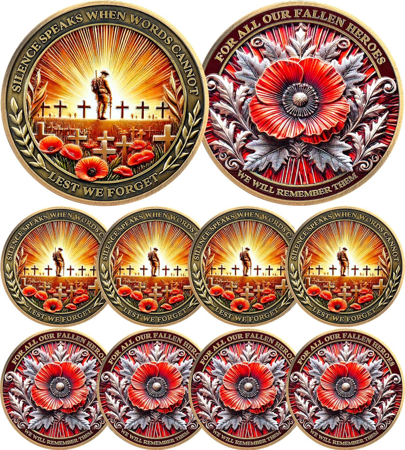 ASmileIndeep Military Challenge Coins - Memorial Coin Honoring Fallen Heroes with Poppy and Cross Veterans Challenge Coin Military Patriotic Memorabilia Gift (10 PCS)