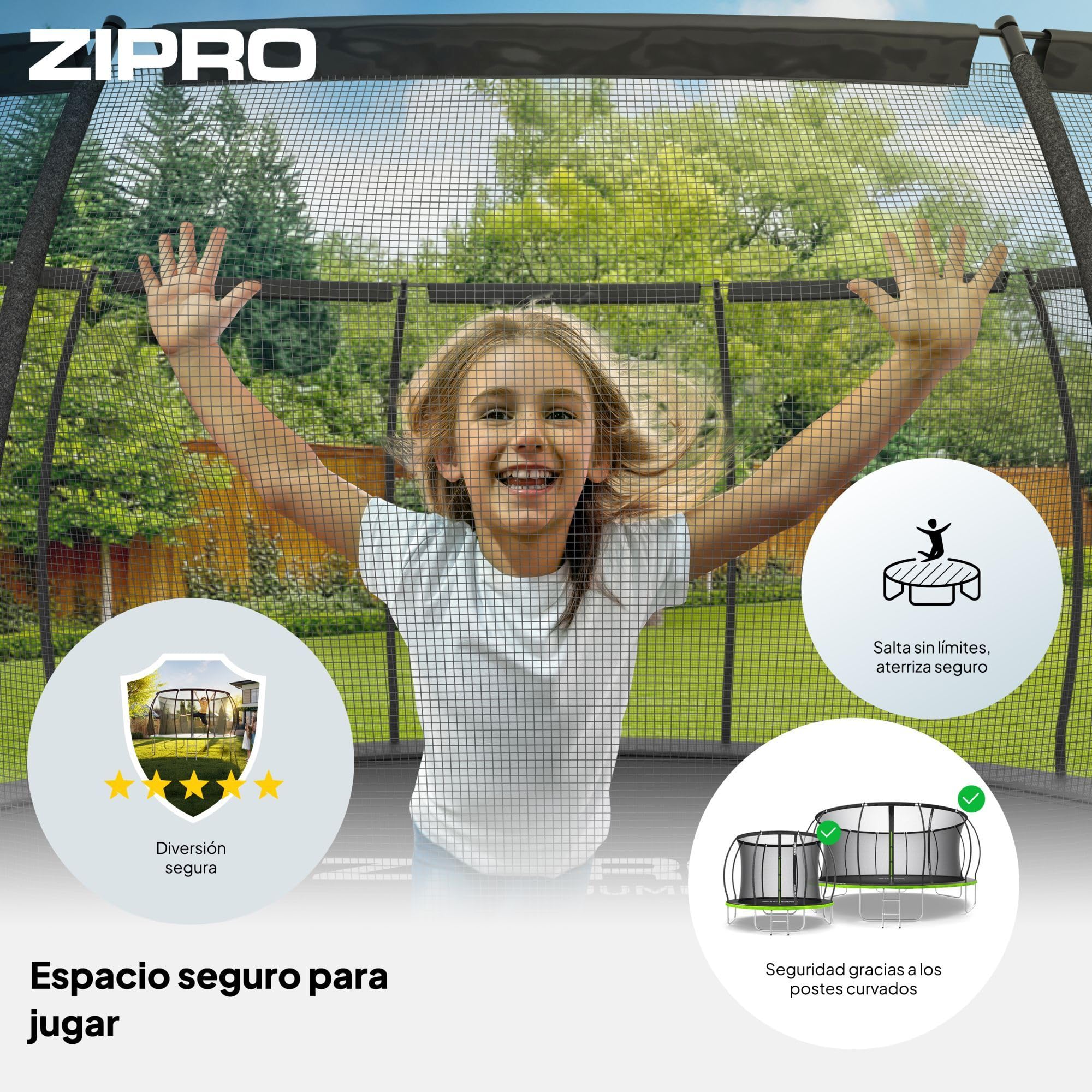ZIPRO JumpPro Premium Trampolín Exterior, Cama Elástica para Niños, con Red Interna, Resistente, Protección UV, Montaje Fácil, Soporta hasta 150 kg, Ø 252/312/374/435/496 cm