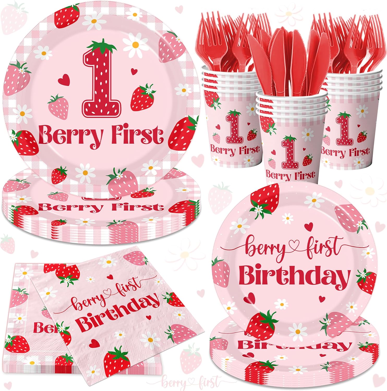Berry First Birthday Tableware Decorations,Strawberry 1st Birthday Party Supplies for Girls,Strawberry Sweet One Themed Decor Disposable Plates,Napkins,Cups,Forks Knives,Serve 24