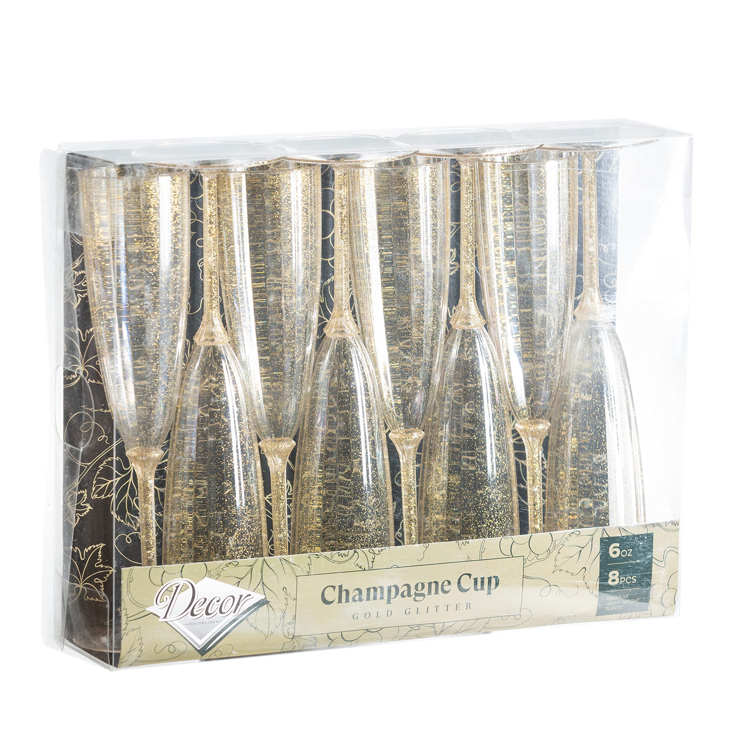 Decor Decorline - 48 Sektläser aus Premium-Kunststoff mit Goldglitter Stiel-Glas Wiederverwendbar Champagner Gläser für Hochzeiten & Partys, 170ml - Mehrweg & Stabil