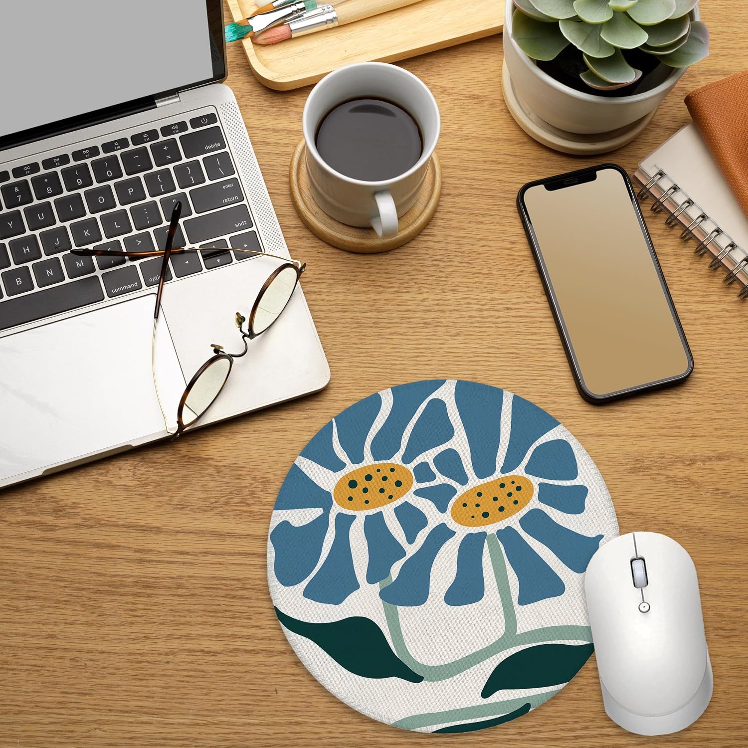 Boho Abstract Blue Floral Mouse Pad for Desk, Modern Abstract Flower Botanical Mousepad for Work Wireless Mouse Computers Laptop Desk Accessories, 7.9x7.9 Inch image 3