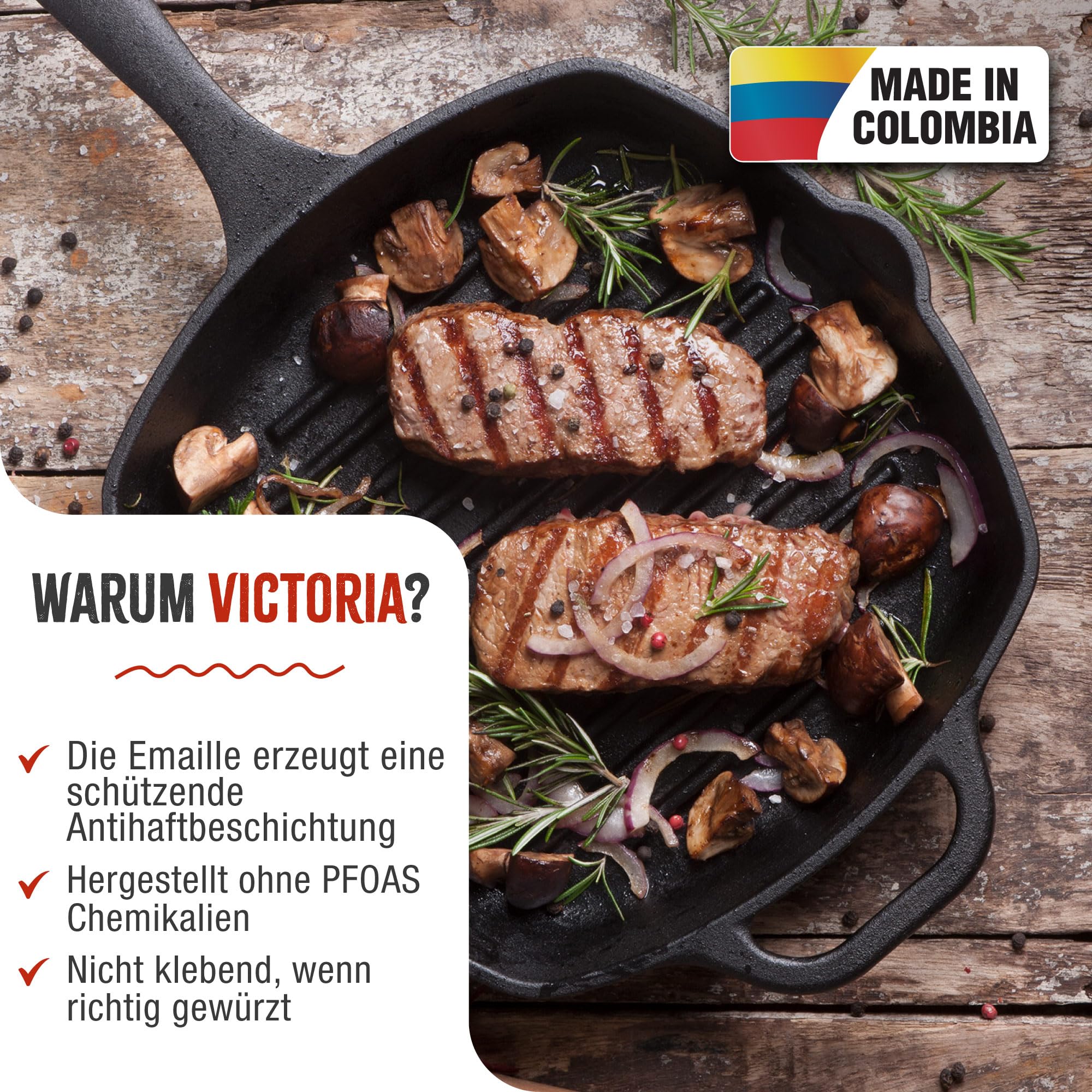 VICTORIA Grillpfanne Emaillierte Gusseisen Induktion 25x25cm Bratpfanne Geeignet für Feuer, Grill, Backofen, Ceranfeld, Gas, Cast Iron Skillet, Toxic Free Kochgeschirr ohne PTFE oder PFOA