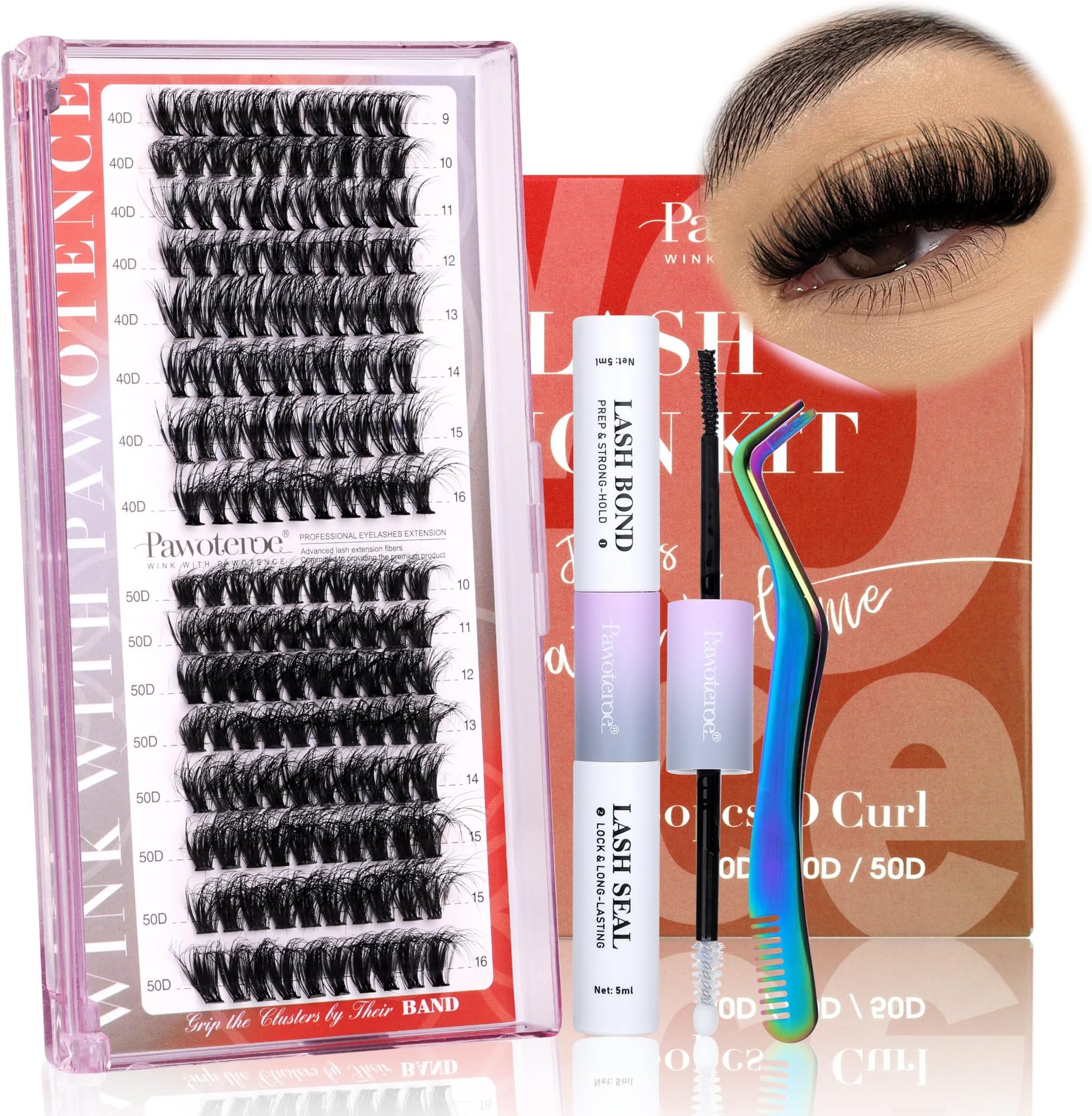Pawotence Lash Extension Kit DIY Fluffy Individual Lash Clusters Kit D Curl Eyelash Extension Kit with Lash Bond and Seal, Lash Tweezer for Self Use at Home (Fluffy 40D+50D-0.07D-9-16MIX PORTABLE KIT)