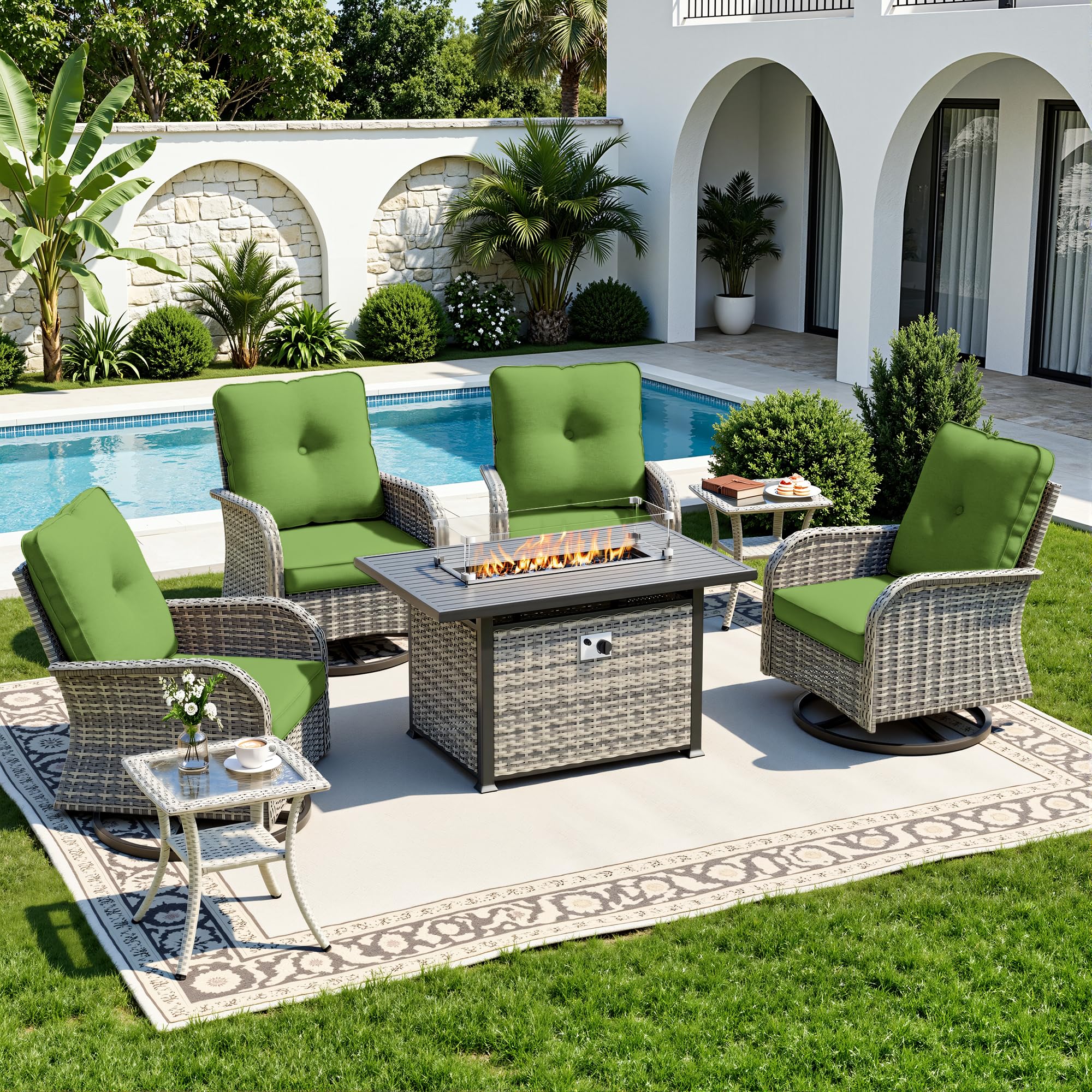 7-Piece Small Patio Furniture Set, Outdoor Swivel Rocking Chairs Set with 55,000 BTU Fire Pit Table Wicker Chairs and Tempered Glass Side Table, Patio Bistro Set for Balcony, Deck, Porch