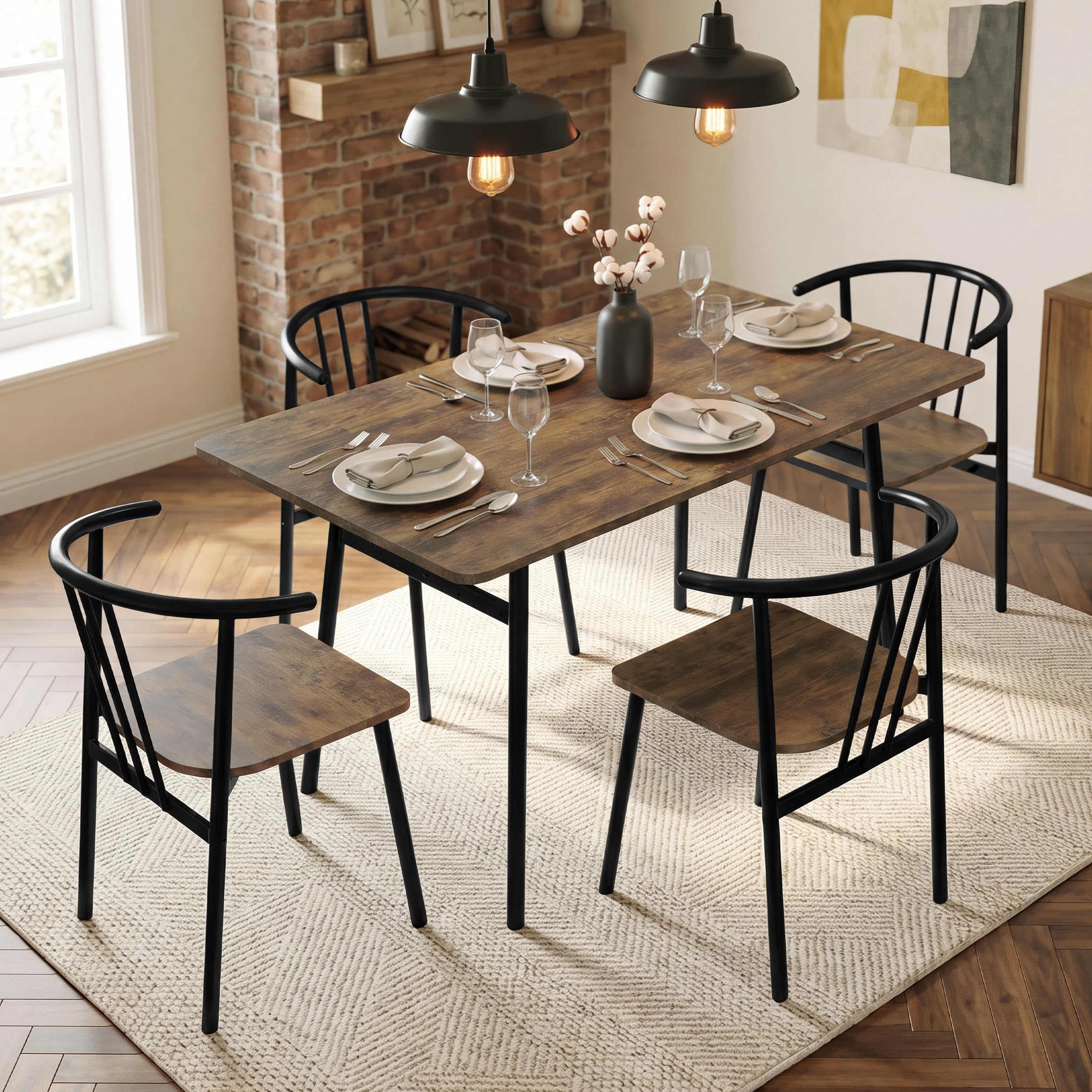 Blisswood Dining Table and 4 Chairs, 4 Seater Kitchen Table Set for Small Spaces, Wooden Dining Table with Metal Frame, Space Saving Industrial Dining Room Furniture for Home Apartment, Black & Rustic