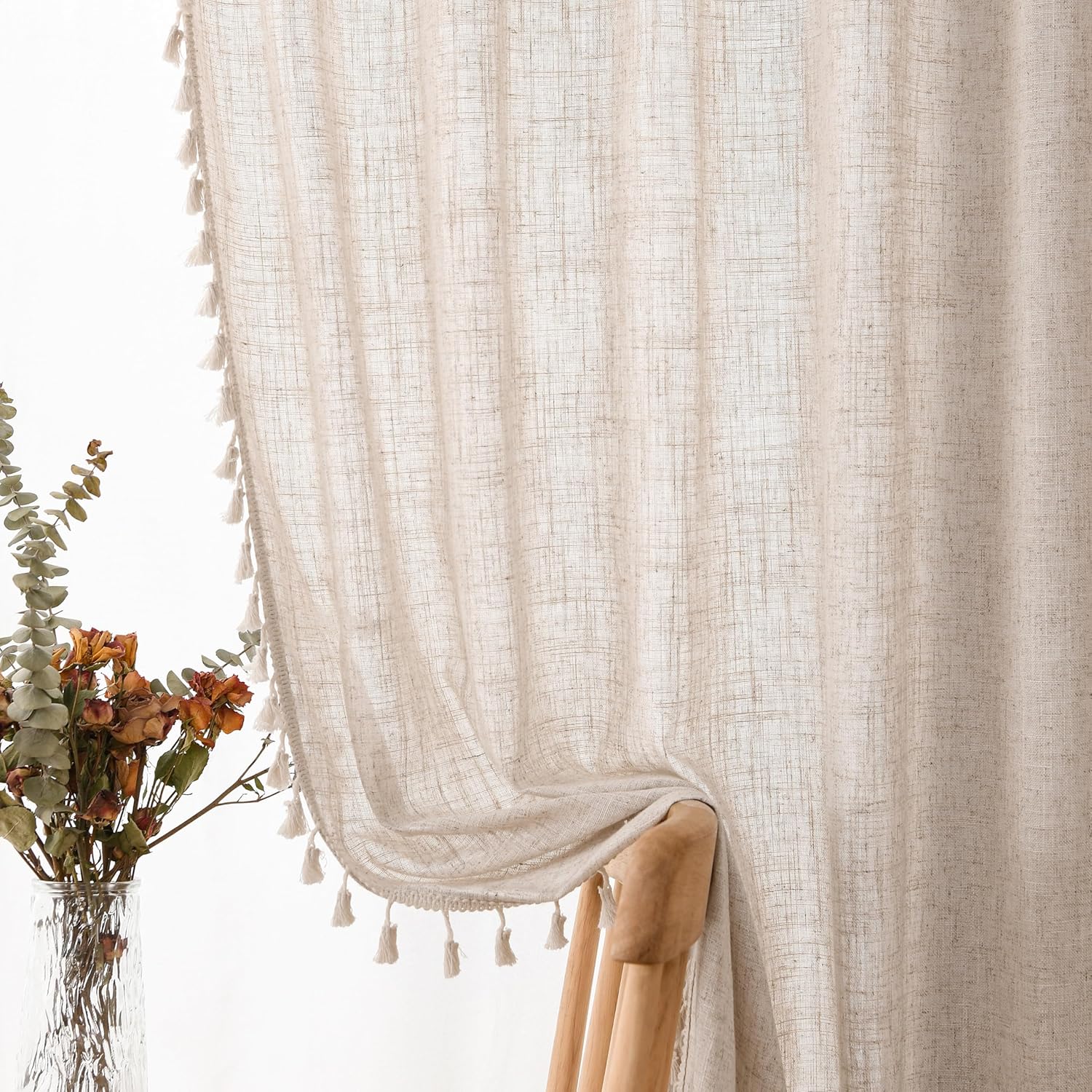 Boho Linen Curtains 38X84 Inches Long 2 Panels Cream Beige Semi Sheer Curtains Tassel Rod Pocket Back Tab Top Light Filtering Neutral Farmhouse Curtains for Living Room Bedroom 38x84 38W x 84L inch x 2 Panels Burlap Linen