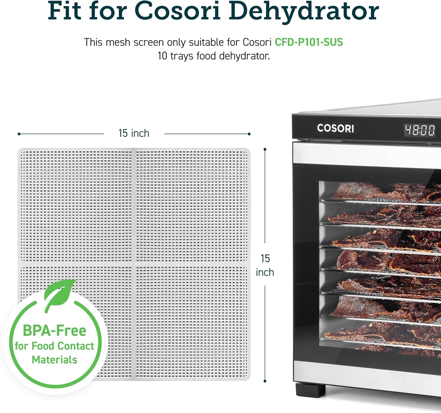 COSORI plastic mesh screen showing 15x15 inch dimensions and BPA-Free label, next to a food dehydrator.