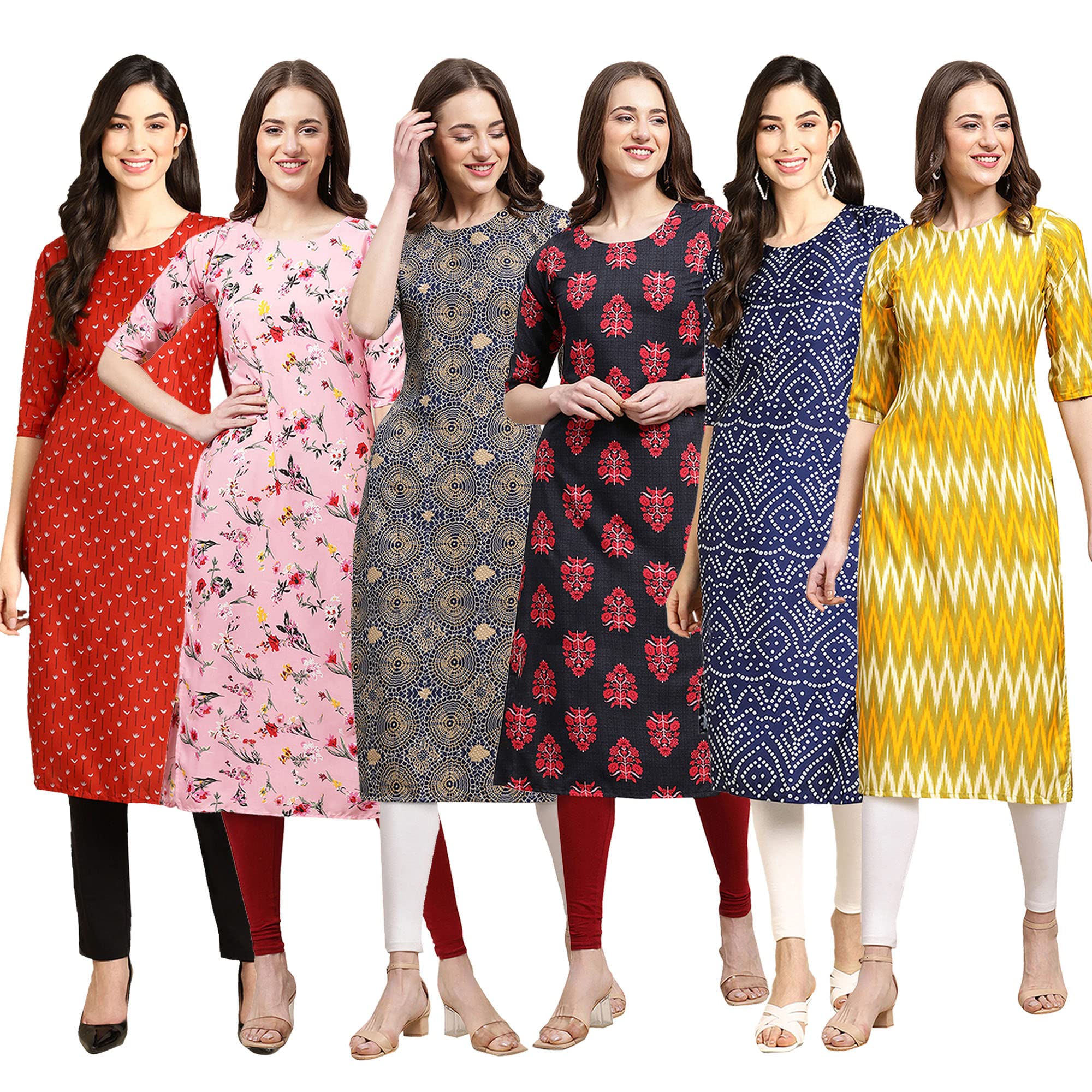 Pinkmint Women's Crepe Digital Print Straight Kurta Pack Of 6