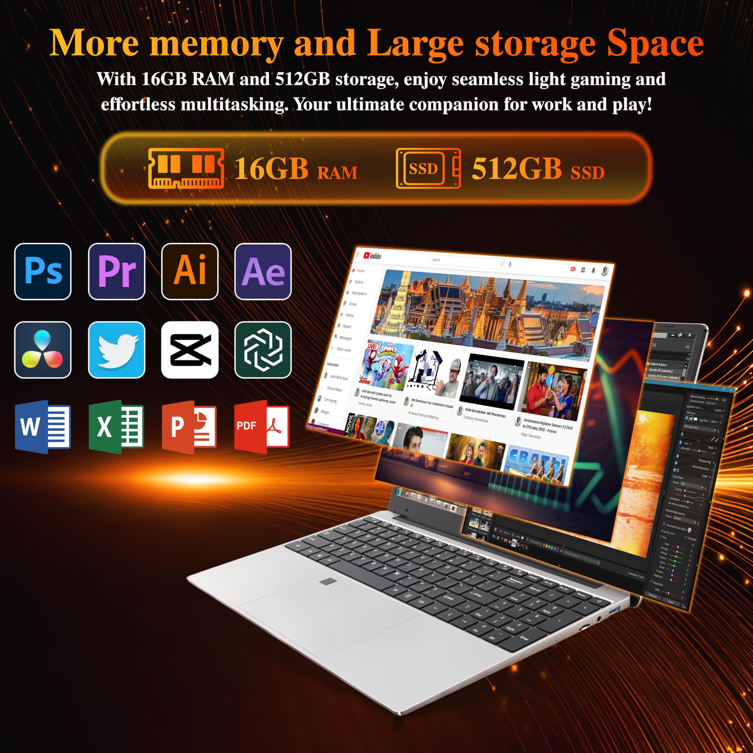 DREAMFYRE 15,6" Ordinateur Portable 16Go DDR4 512Go SSD, PC Portátil Ryzen 7 4800H CPU, Portable Laptop Computer avec écran FHD 1080P, WiFi5, Bluetooth5.0, USB3.0, Webcam, Touch ID