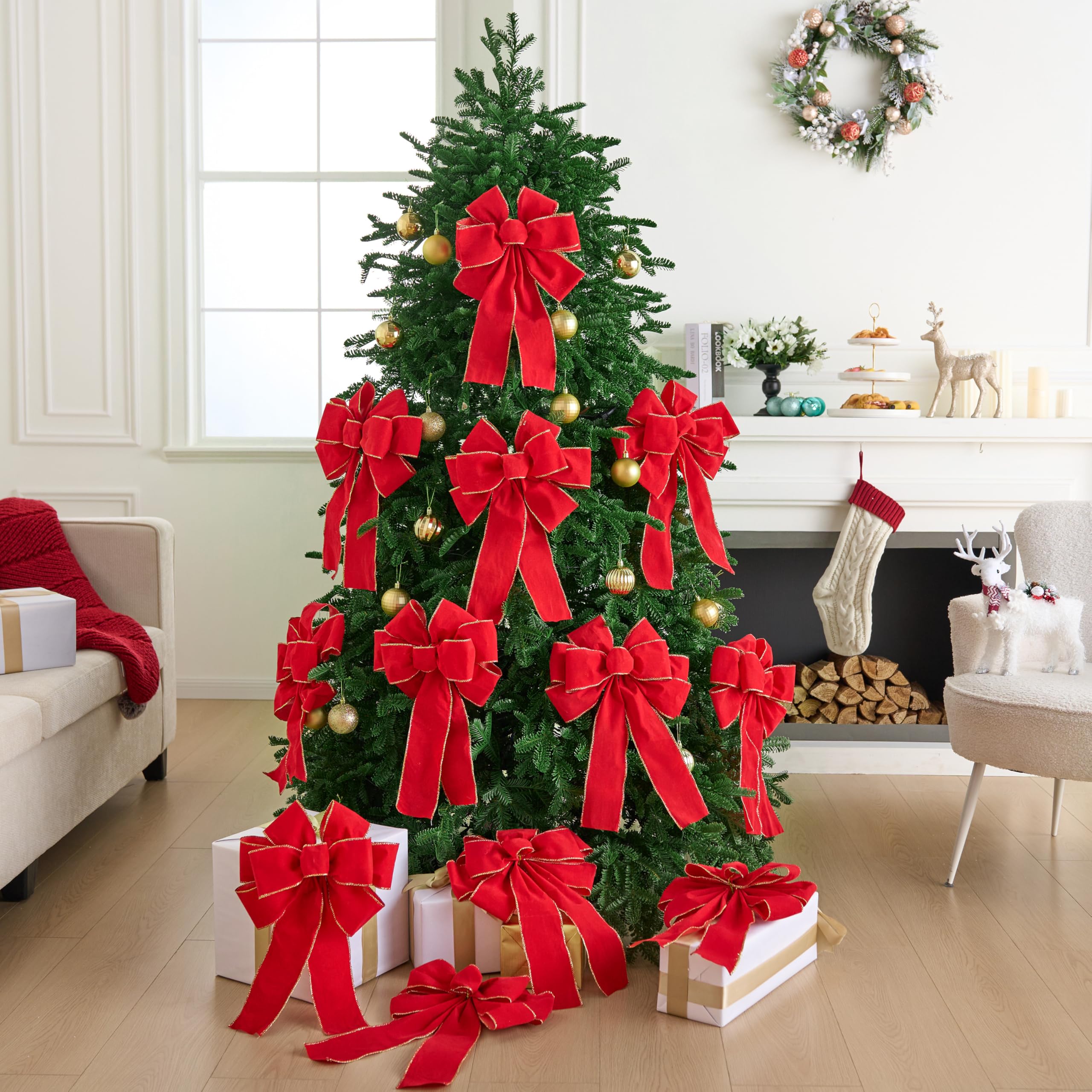 JOYIN 3 fiocchi di velluto rosso 35,6 x 30,5 cm per Natale, grandi fiocchi di Natale rossi per ghirlanda, albero, scatole regalo, decorazioni esterne, fiocchi di velluto per albero di Natale