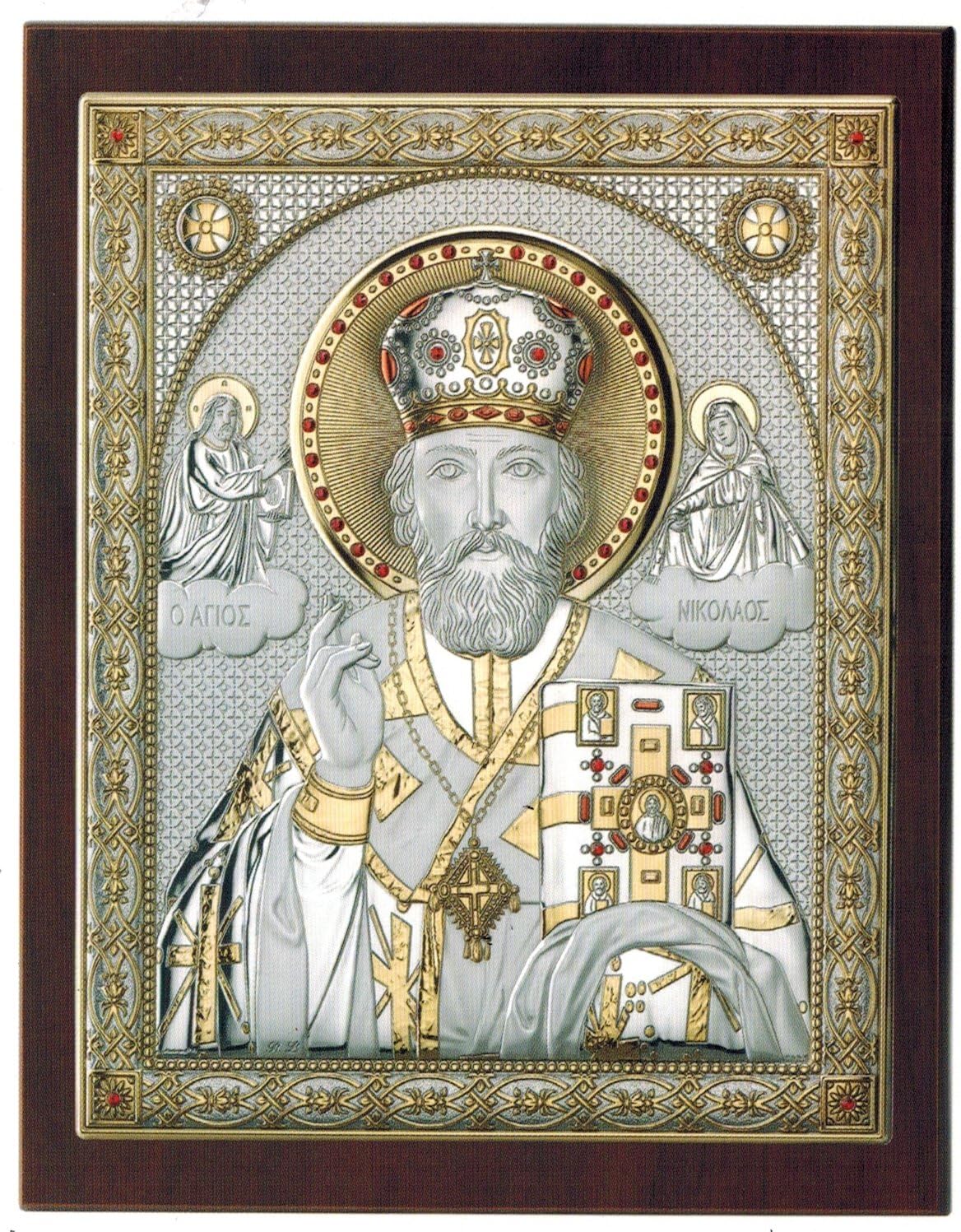Icon Religious Orthodox St. Nicholas 30 x 36 cm Bi Laminated Silver on Wood – D orato with Red Enamel – Finished Inserts Made in Italy with Elegant Box