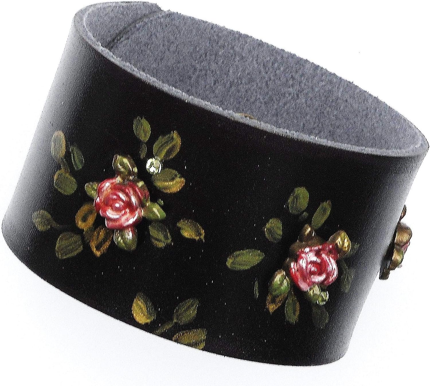 Adjustable 1 1/2 Inch Wide Black Leather Boho Cuff Bracelet with Hand Painted Rose Studs Bohemian Jewelry for Women Goddess Arts Collection Design