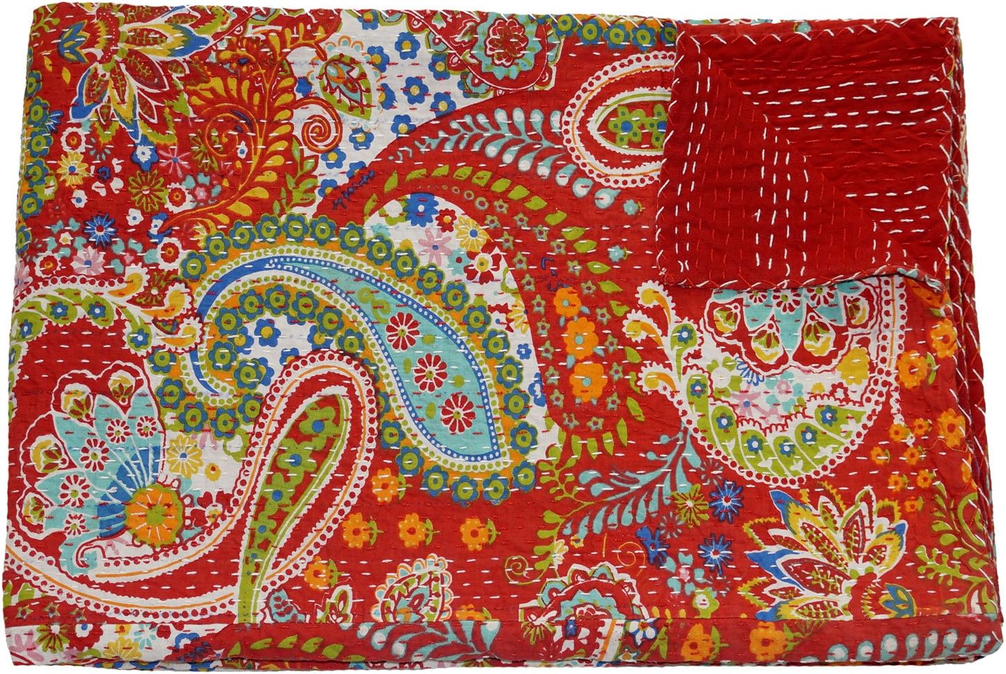 The Ethnic Crafts Red Paisley Print Kantha Work Quilt, Traditional Indian Cotton Bedspread, Twin Size Blanket
