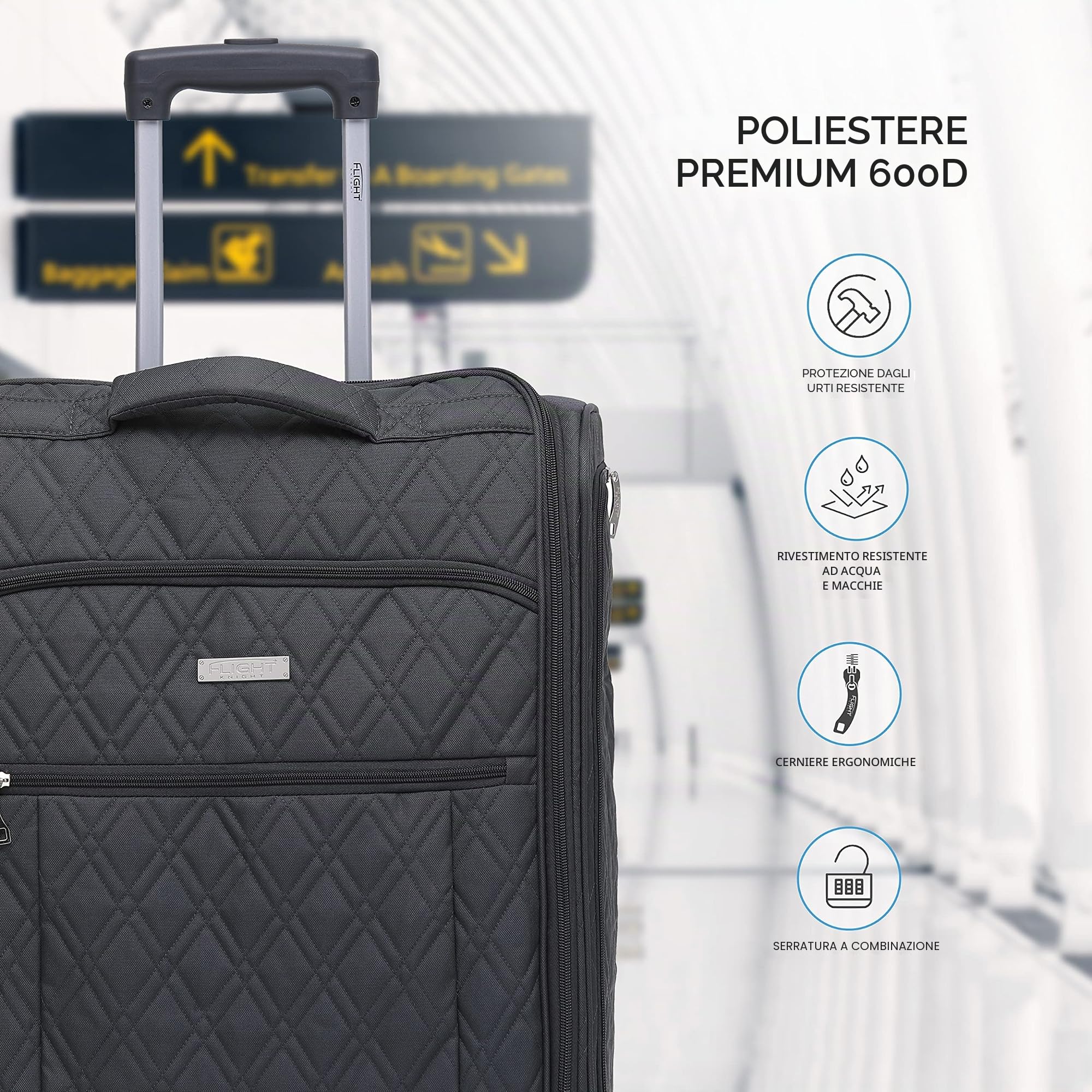 Flight Knight Valigia a Mano Grande 56 x 45 x 25 cm easyJet e British Airways - Approvata e testata - 2 ruote - Valigia da cabina in tessuto ultraleggera e resistente