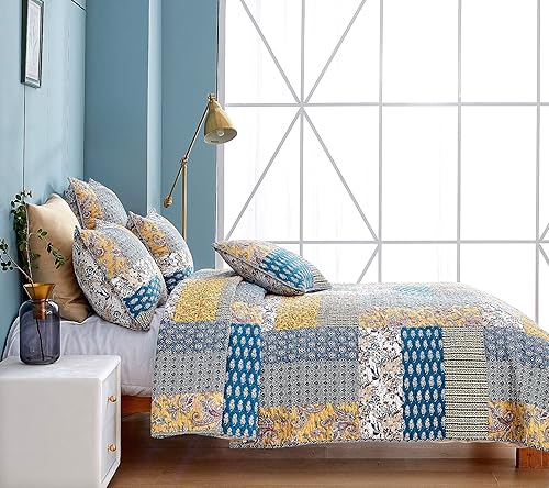 Miniatura 3 de DaDa Bedding - Juego de edredón reversible de algodón con fundas, tamaño King, Honey Cove, 3 piezas