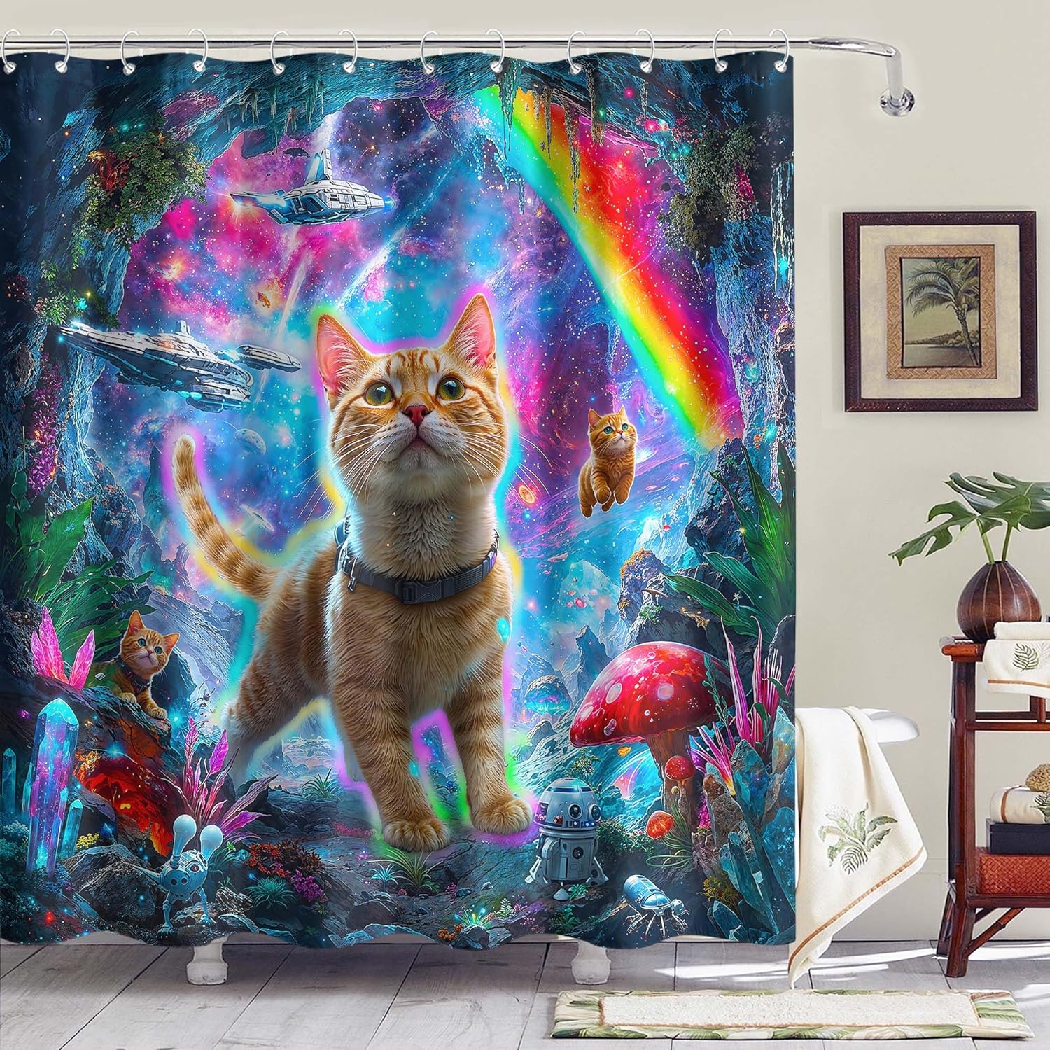 Space Cat Shower Curtain Set Cosmic Adventure Waterproof Bathroom Curtain Funny Kitten Astronaut Home Decor 72x72 Inch