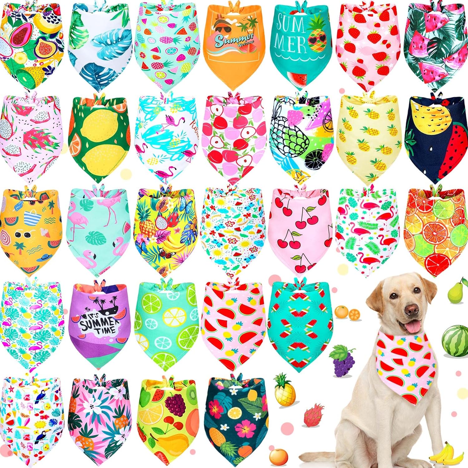 Eccliy 30 Pack Spring Dog Bandanas Bulk Summer Fruit Pet Bandanas Soft Triangle Dog Scarfs Polyester Bandana Pet Costume Cute Scarf Bibs with Flowers Patterns for Medium Large