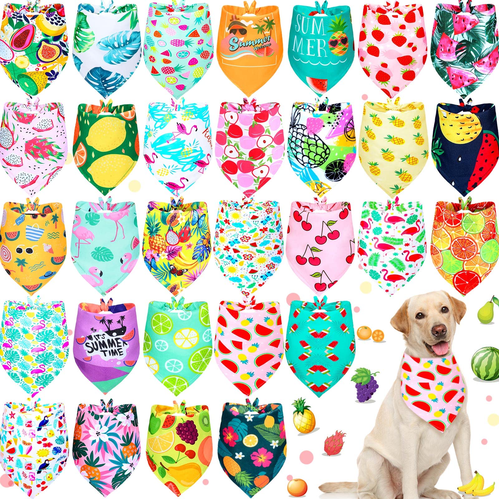 Eccliy 30 Pack Summer Fruit Dog Bandanas Bulk Soft Triangle Dog Scarfs Polyester Bandana Pet Costume Cute Scarf Bibs with Flowers Patterns for Small