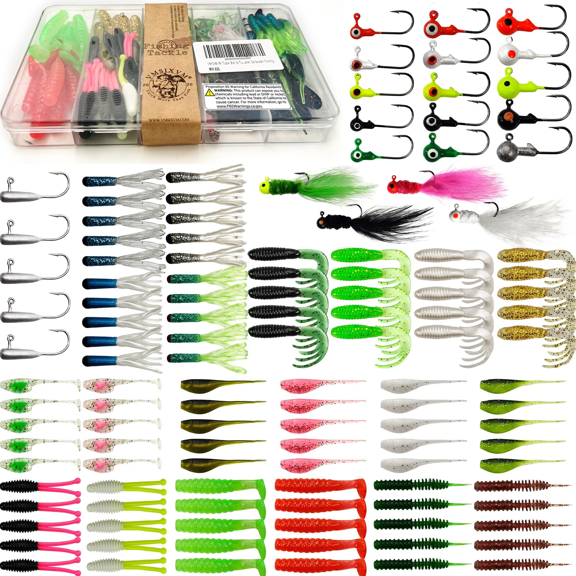 VMSIXVMTube Baits Tube Jigs Heads Swimbaits Kit, Pre-Rigged Tubes Lure Soft Plastic Fishing Grub Worm, Tube Bait Hooks Crappie Jigs Crappie Lures Tackle for Bass Trout Freshwater Saltwater Fishing