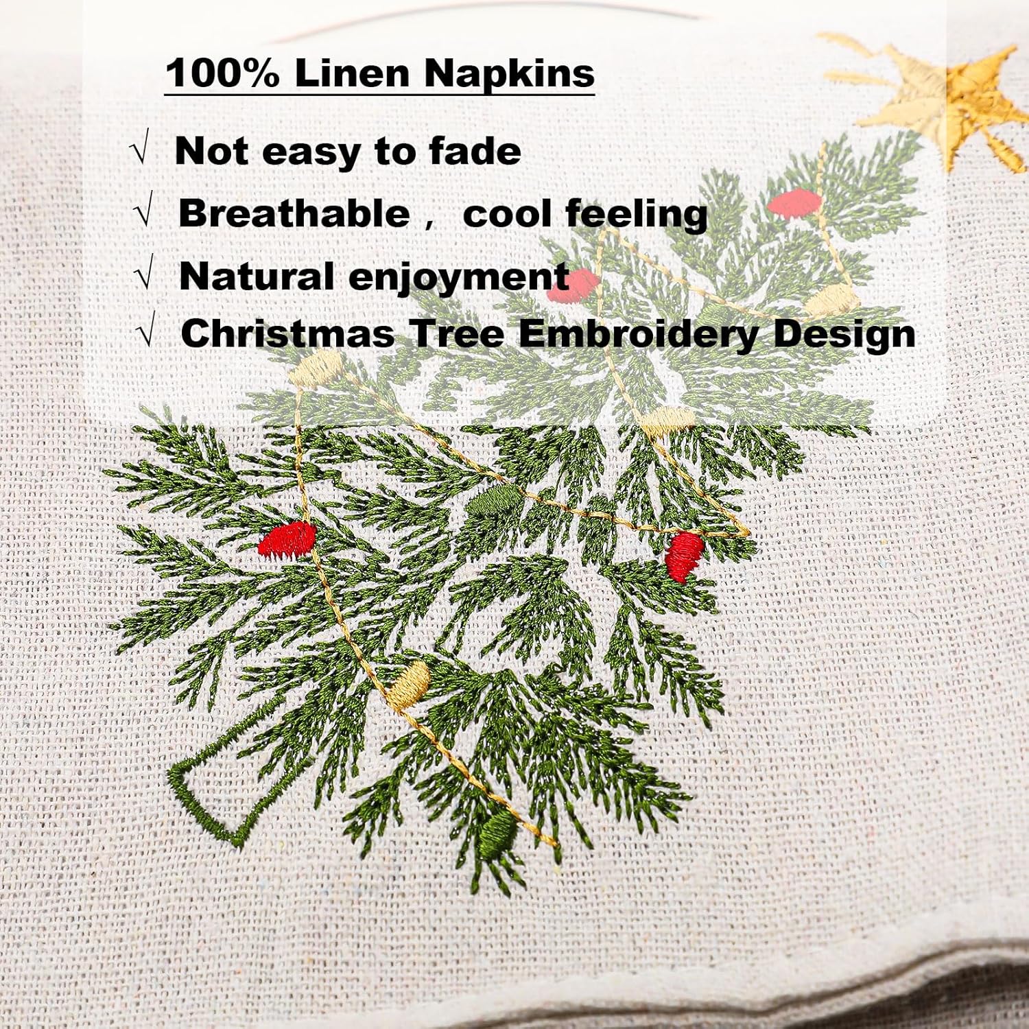 Newwiee Christmas Linen Napkin Set of 4 100% Linen Cloth 20 Inch Christmas Tree Embroidered Napkin Square Dinner Serviette Soft & Durable Holiday Table Decor Xmas Wedding Cocktail Party Supply