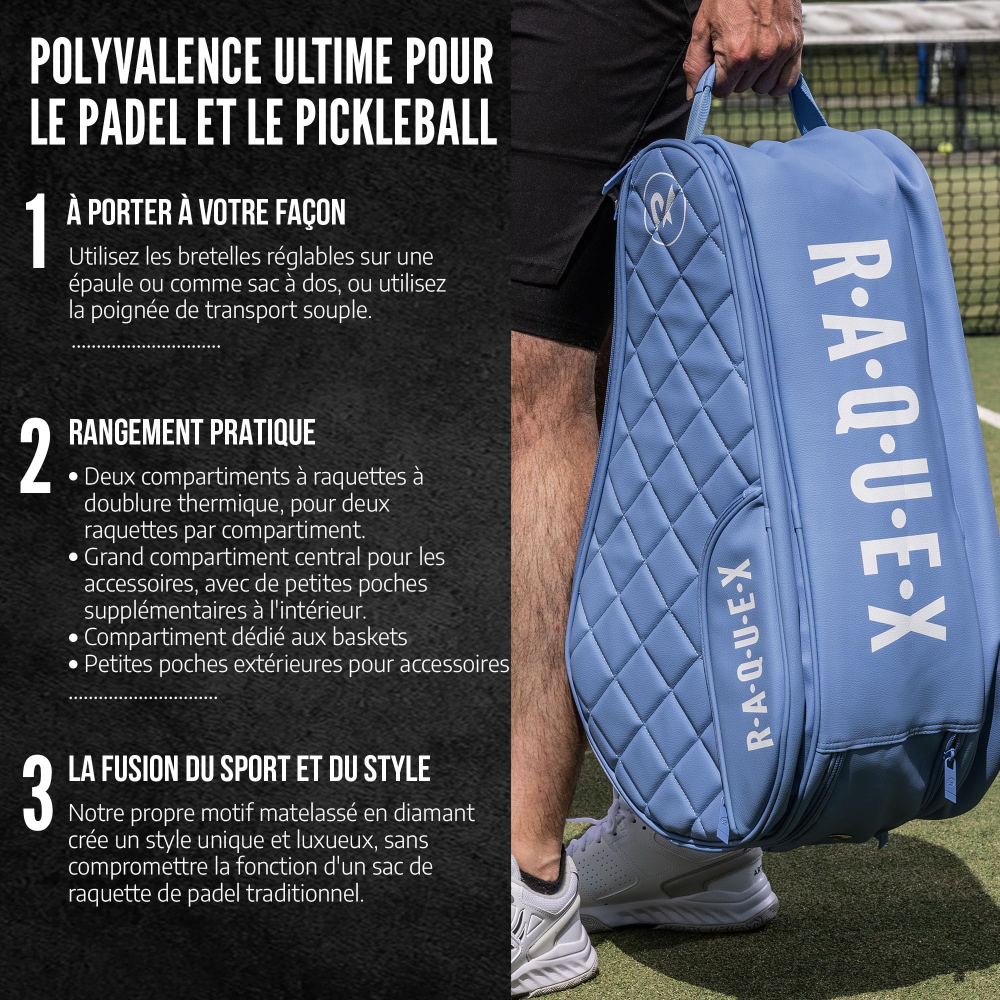 Raquex Sac de Padel matelassé Elite (jusqu'à 4 Raquettes) – Bleu ou Noir – Sac de Padel en Similicuir pour Homme et Femme Sac de Protection rembourré pour Raquette de Padel - Cadeau de Luxe