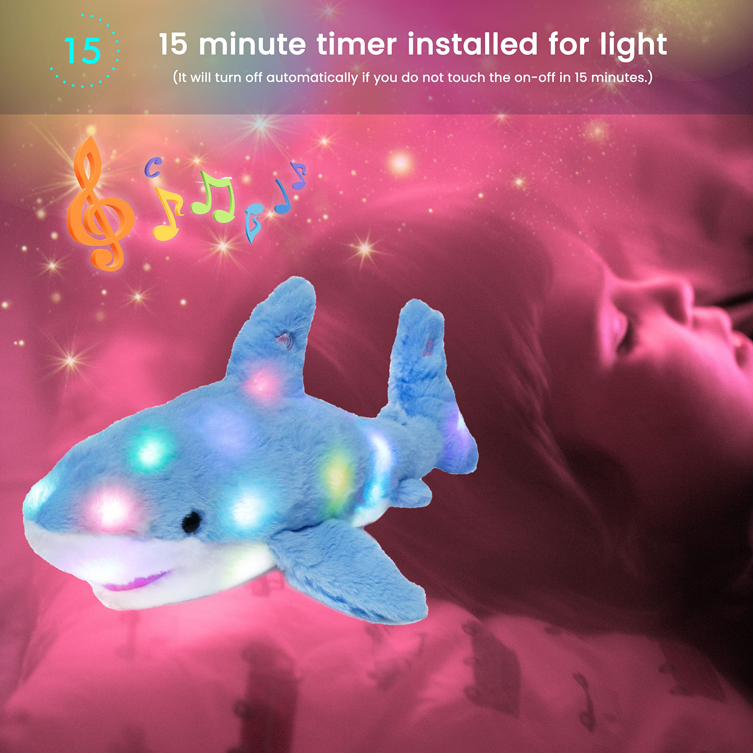 Hopearl Requin Musical Peluche Lumineuse LED Qui Chante Volume Réglable, Veilleuse Animée Apaisante - Cadeau Anniversaire Fête pour Enfants Filles, Bleu, 28cm