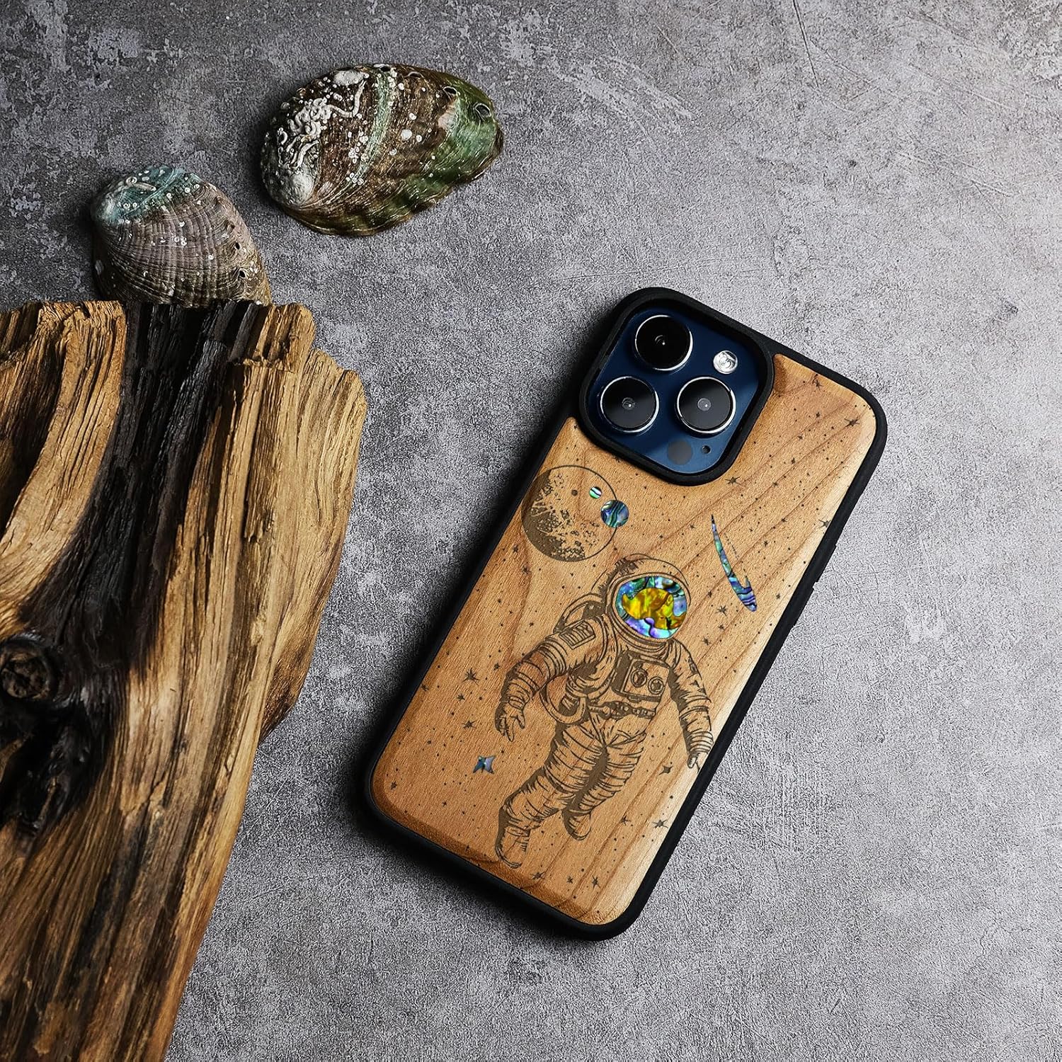 Carveit Wooden Case for iPhone 15 Pro Max Magnetic Case, Compatible with MagSafe Wireless Chargers, Shockproof Cover, Handmade Shell Inlaid & Wood Artisan Engraved (Cosmic Wanderer) Cherry