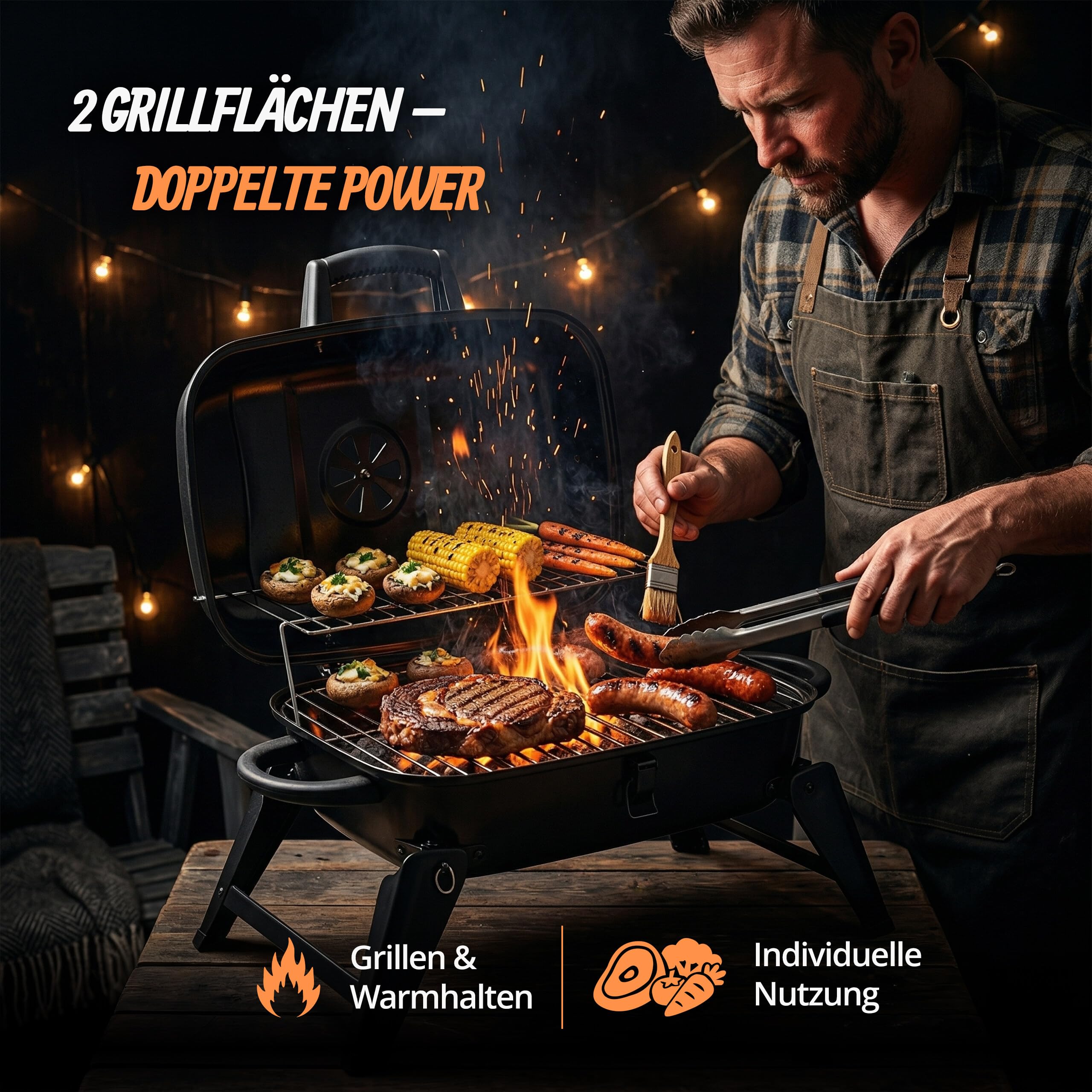 Relaxdays Tischgrill, tragbarer Klappgrill, HBT: 34 x 59 x 36 cm, Warmhalterost, Lüftung, Kohlegrill, Stahl, schwarz