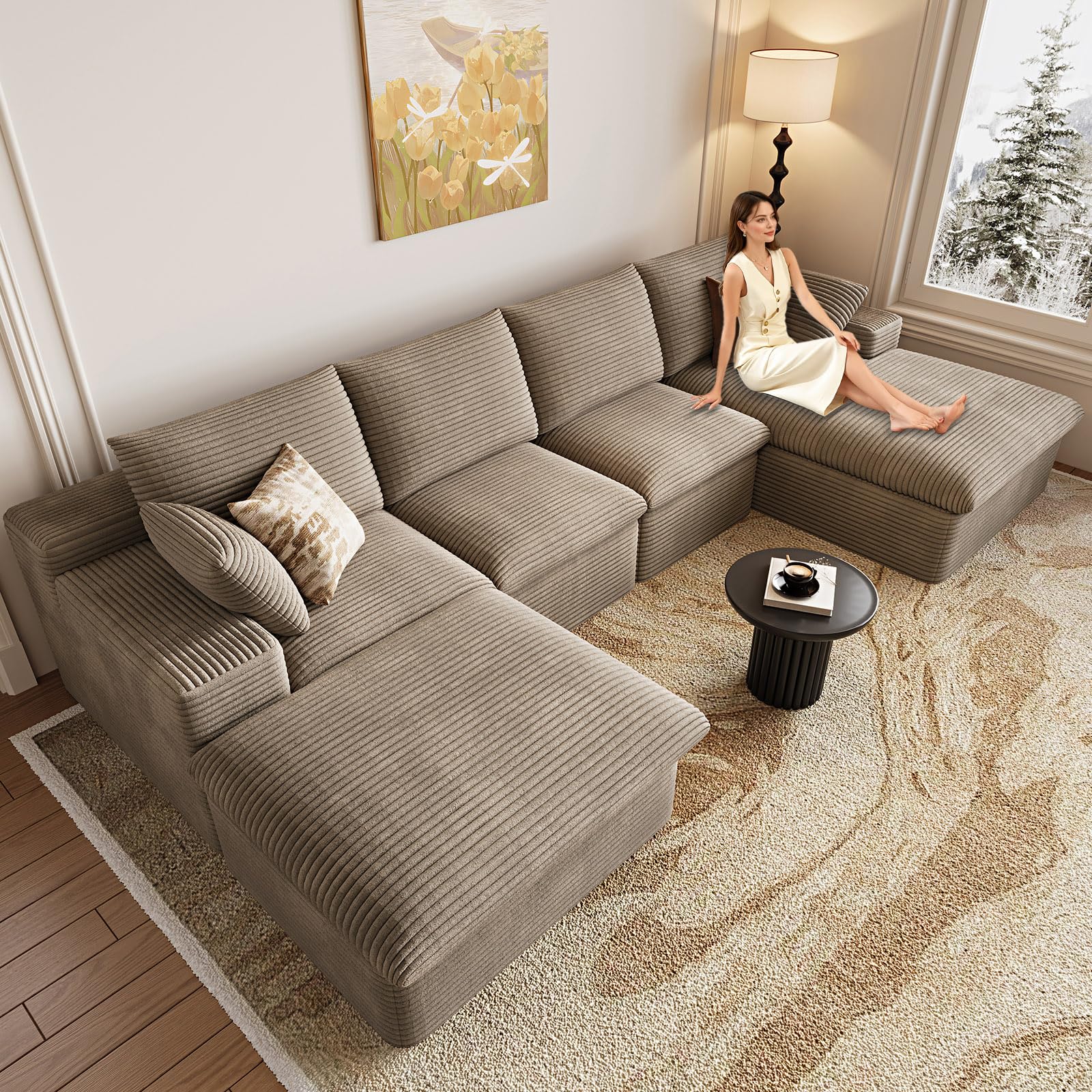 136" W Cloud Couch Modular Sectional Sofa for Living Room, U-Shape Boneless Couch with Deep Seat, Modern Corduroy 4-Seater with Ottoman, No Assembly Required (Camel Brown,Right-Facing Chaise)