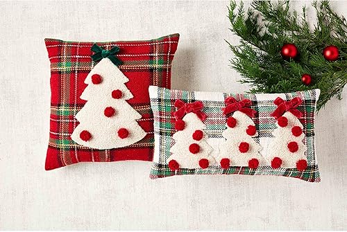 Miniatura 2 de Mud Pie Almohada cuadrada con gancho de tartán, 18 x 18 pulgadas, rojo