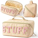 Y1tvei Pink Stuff Makeup Bag - Large Capacity Beige Cosmetic Pouch, Nylon Stony Clover Nylon Stony Clover Makeup Pouch Outfit Decoration Wide Open Cosmetic Package Travel Gift for Women Birthday Party