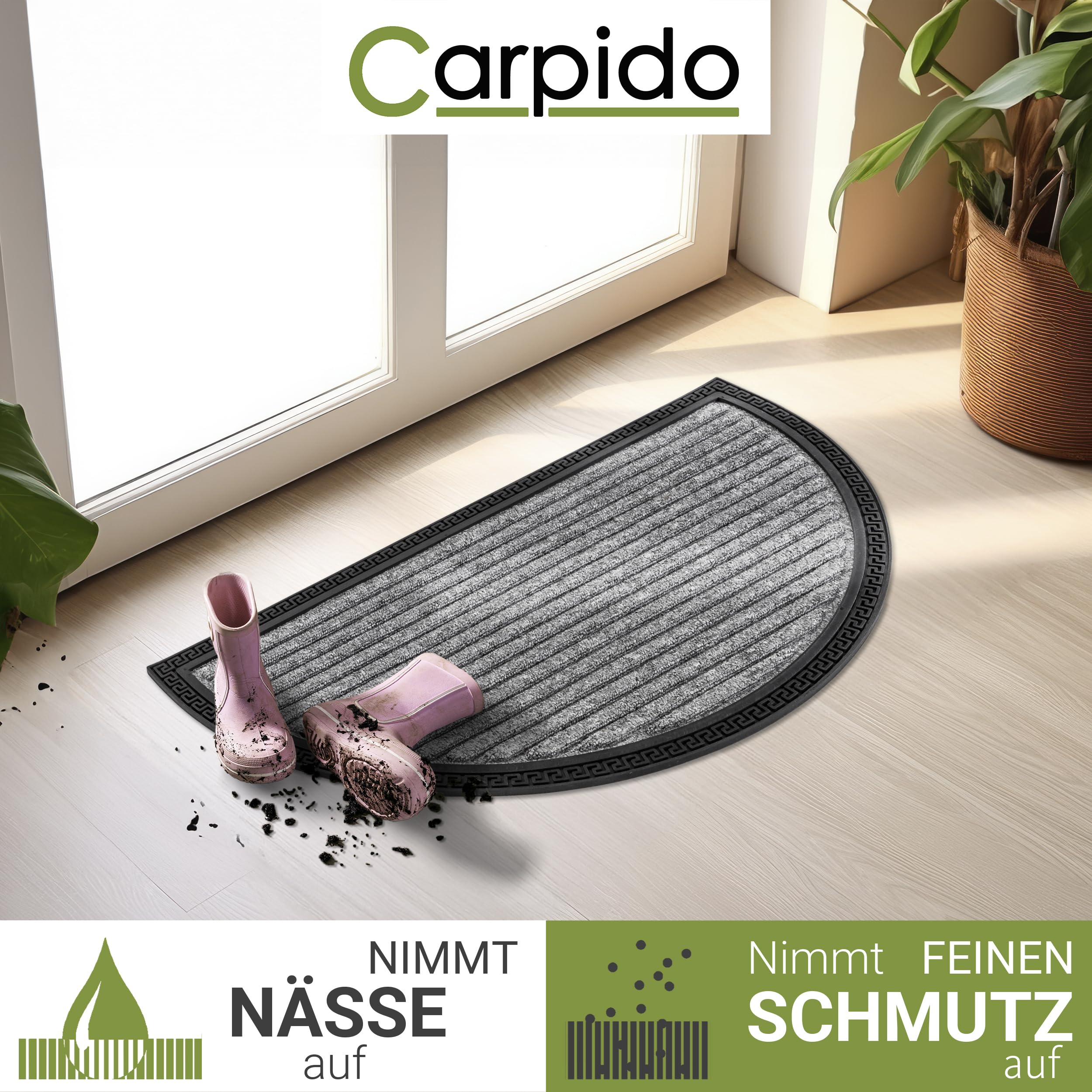 Carpido Fußmatte Außen & Innen - 40x70 cm - Silber Linien halbrund - Türmatte rutschfest - Schmutzfangmatte sehr strapazierfähig - Fussmatte aussen Stufen