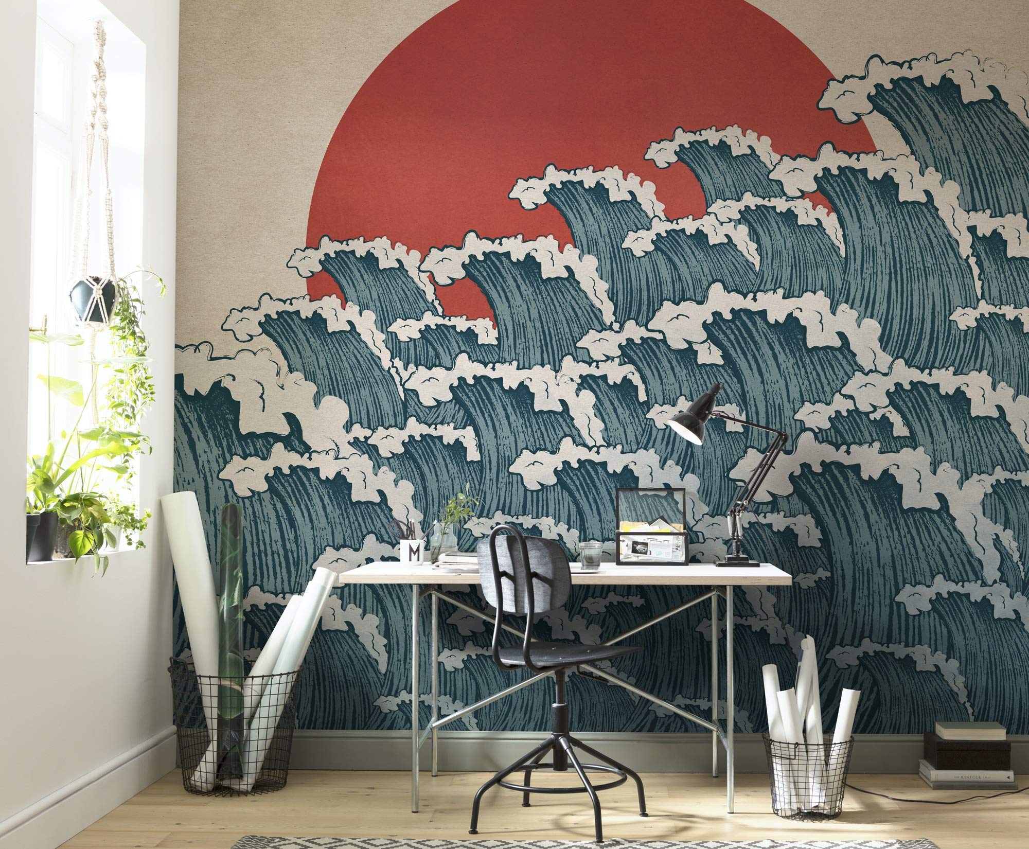 Papel pintado Nami para renovar paredes grandes con diseño de puesta de sol marina de los años 70