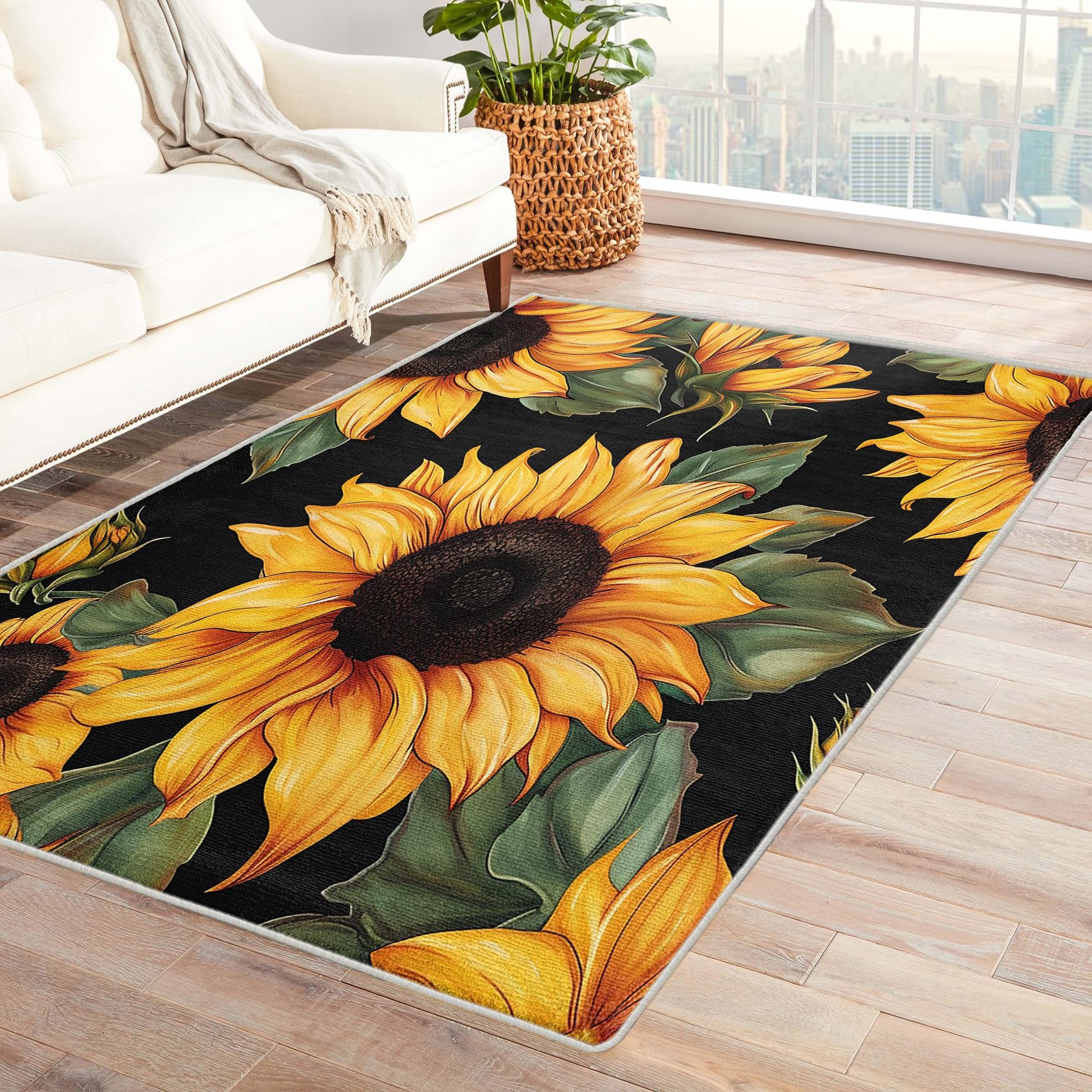Tapis carré lavable 120x120 cm motif tournesol jaune pour salon