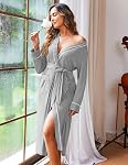 Ekouaer Women Kimono Robes Full Length Knit Bathrobe Lightweight Soft Sleepwear V-neck Casual Ladies Loungewear S-XXL
