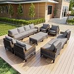 14 Ensemble de conversation patio, Canapé modulaire en rotin avec fauteuils et Ottomans, Meubles d'extérieur pour porche, Bord de piscine, Deck, Balcon, Cour arrière, Yard (Coussins gris)