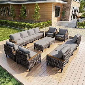 14 Pieces Patio Conversation Set, Wicker Rattan Sectional Modular Sofa Seating Set with Armchairs and Ottomans, Outdoor Furniture for Porch, Poolside, Deck, Balcony, Backyard, Yard (Gray Cushions)