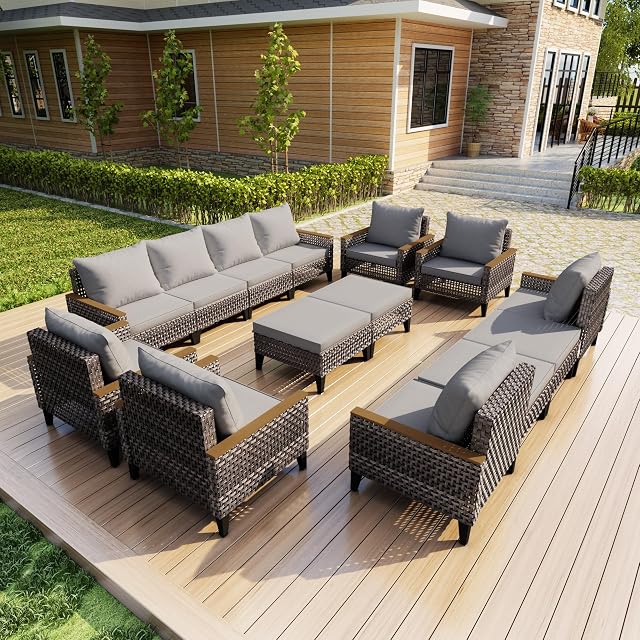 14 Ensemble de conversation patio, Canapé modulaire en rotin avec fauteuils et Ottomans, Meubles d'extérieur pour porche, Bord de piscine, Deck, Balcon, Cour arrière, Yard (Coussins gris)