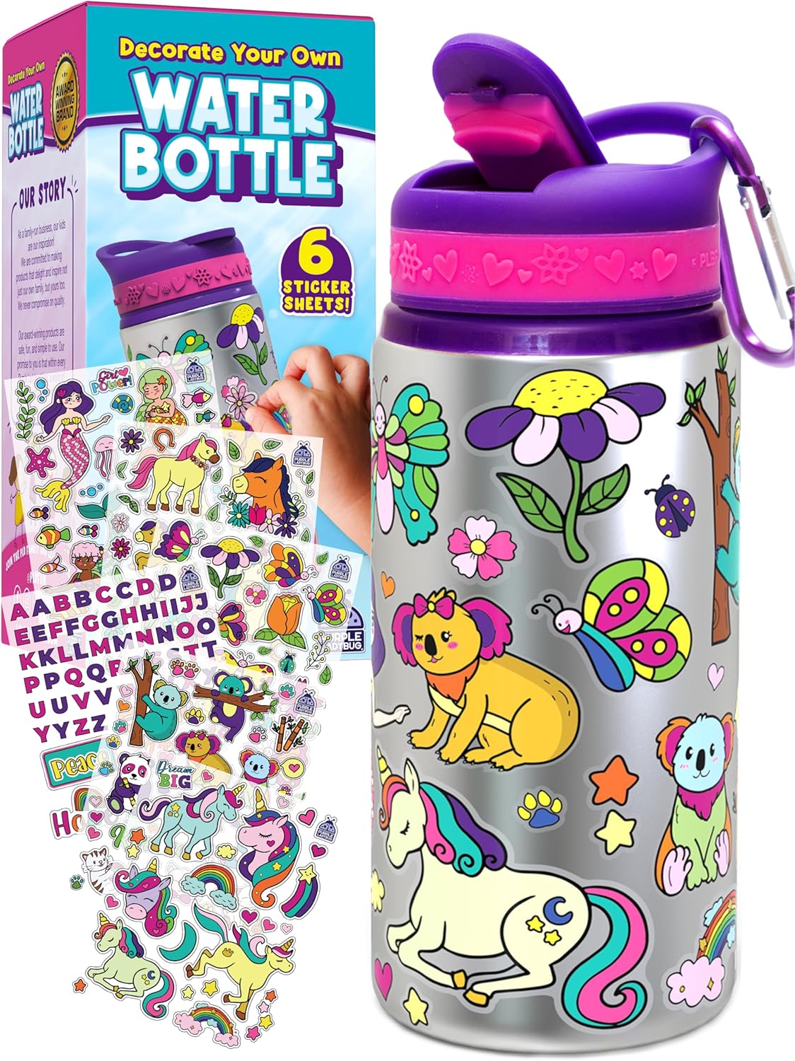 PURPLE LADYBUG Decorate Your Own Water Bottle Kit – Gifts for Girls Ages 4-8 Years Old Birthday, Little Girl Gifts, Kids Water Bottle for School, Valentines Gift for Girls