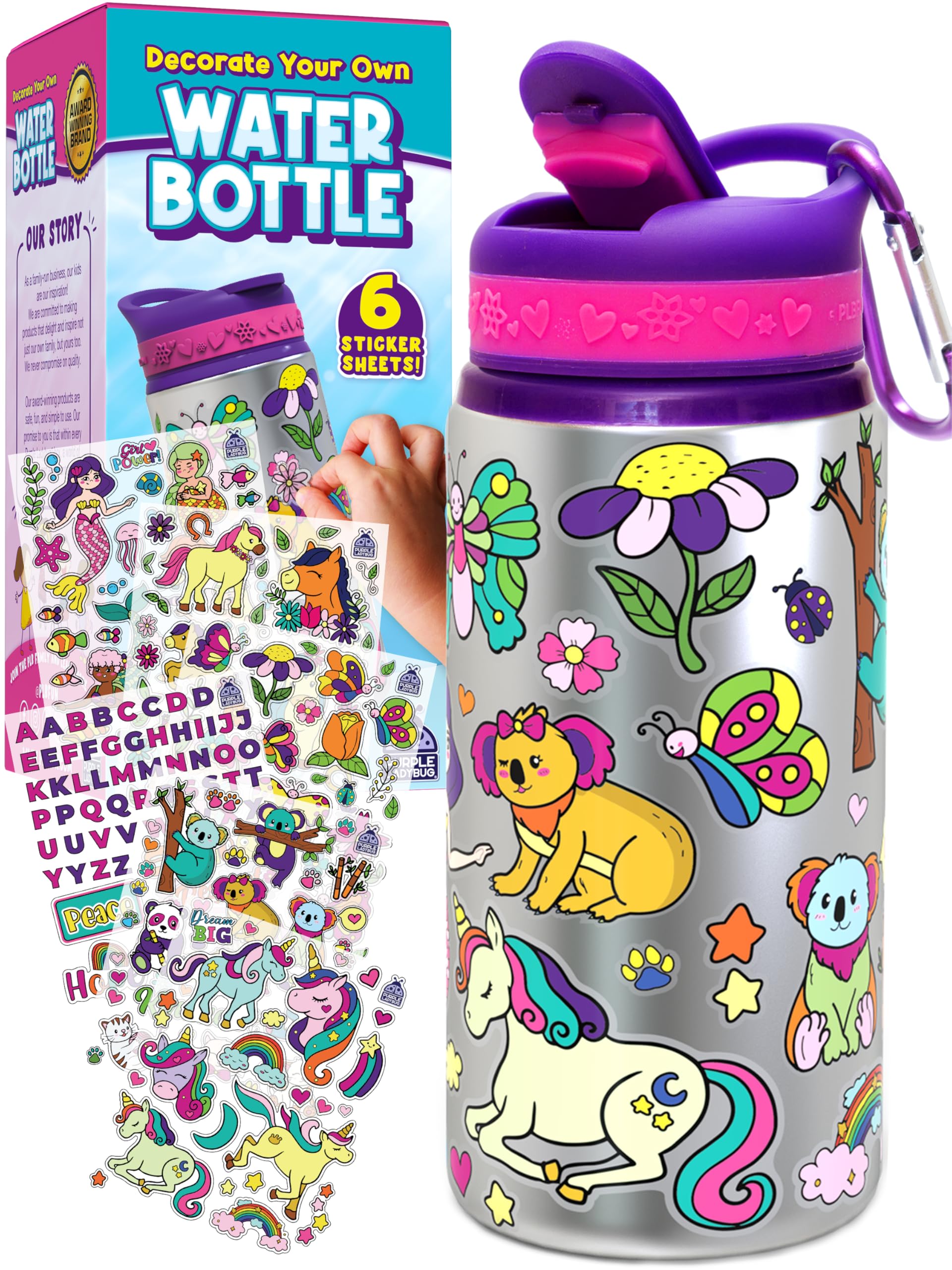 PURPLE LADYBUG Decorate Your Own Water Bottle Kit - Gifts for Girls Ages 4-8 Years Old Birthday, Little Girl Gifts, Kids Water Bottle for School, Valentines Gift for Girls