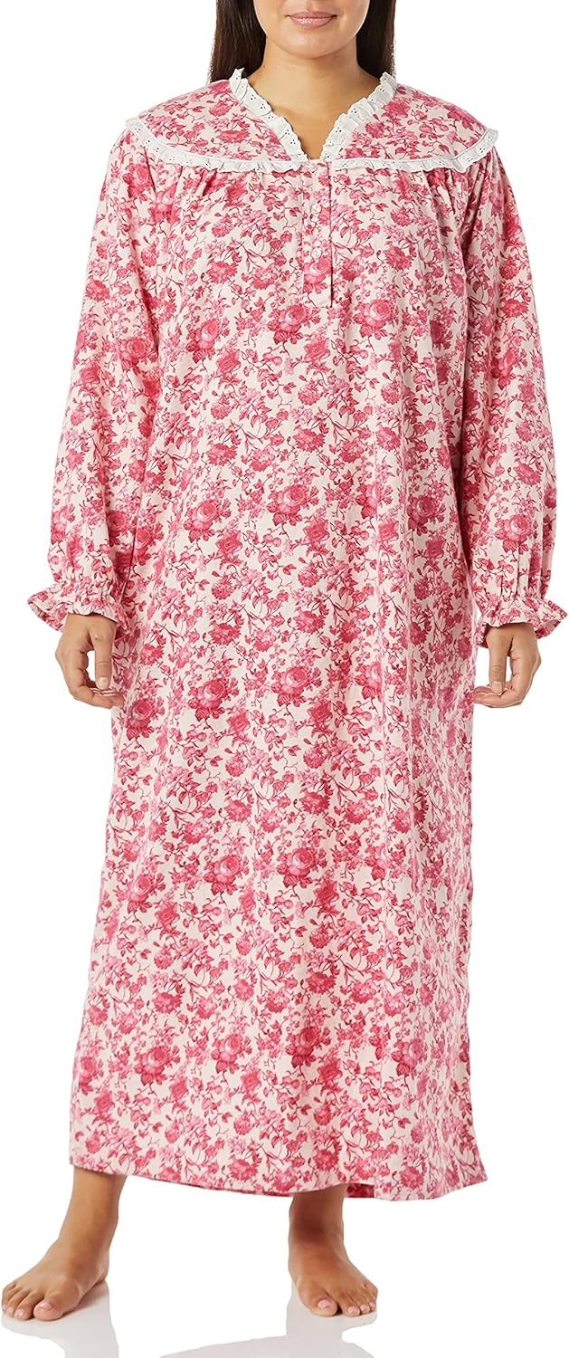 AmeriMark Long Flannel Nightgown for Women Eyelet Lace Trimmed Neckline at  Women’s Clothing store