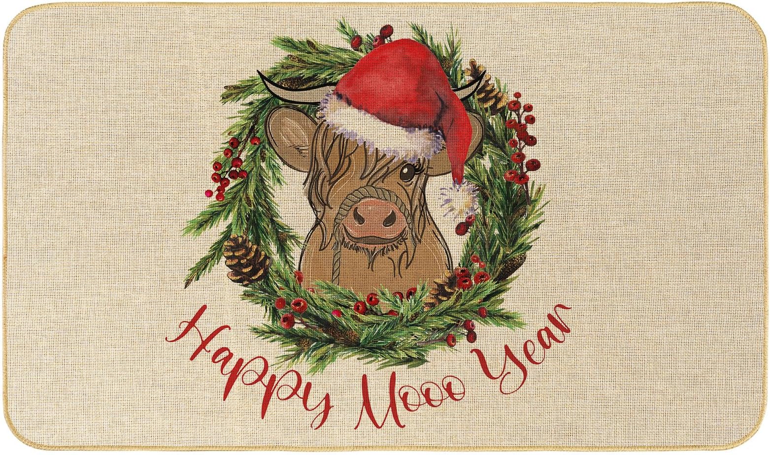 AnyDesign Christmas Welcome Doormat Highland Cow Front Door Mat Happy Mooo Year Non-Slip Door Rugs Indoor Outdoor Carpet Floor Mat