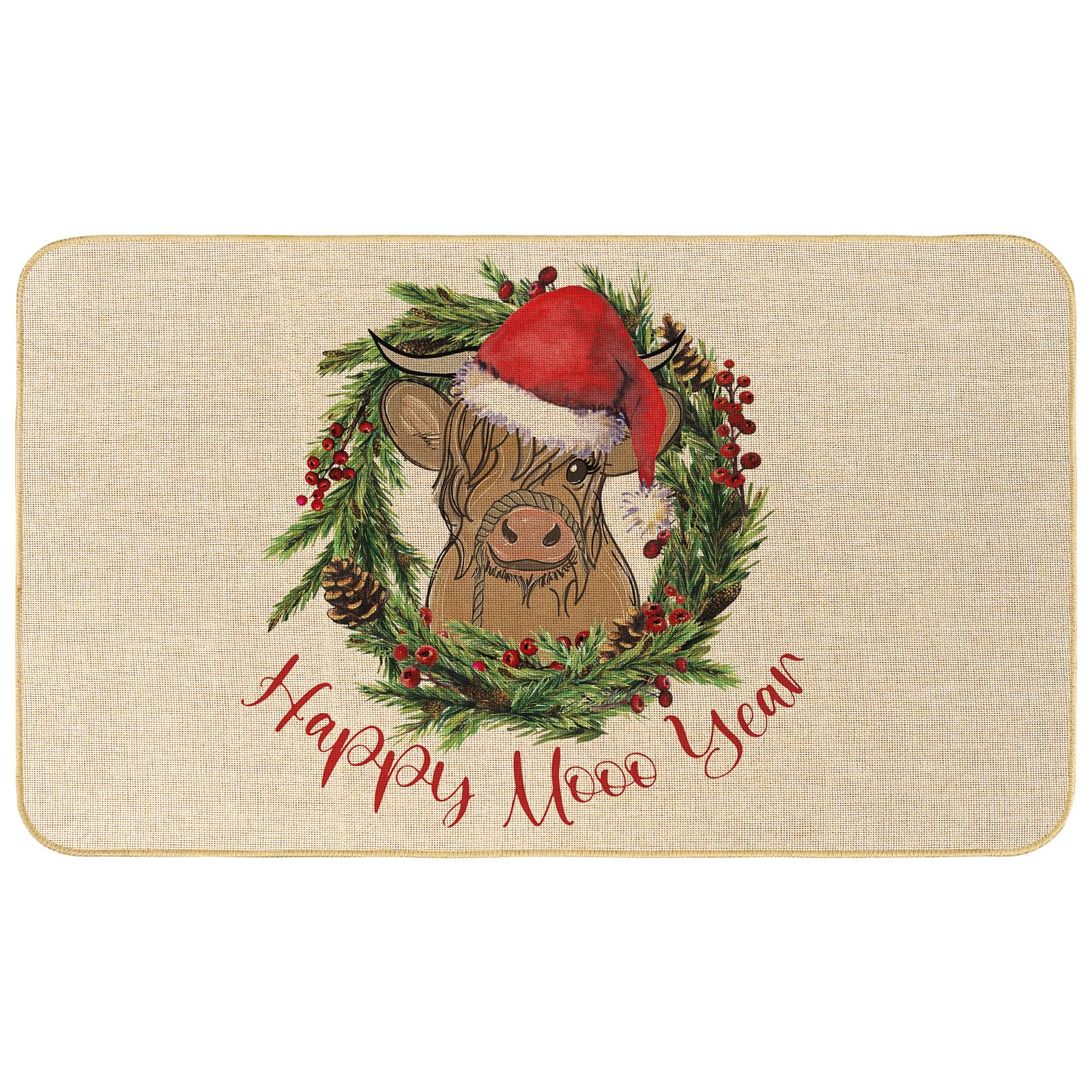 Christmas Welcome Doormat — Highland Cow Front Door Mat — “Happy Mooo Year” Non-Slip Door Rugs, Indoor/Outdoor Carpet Floor Mat (16x24 Inches)