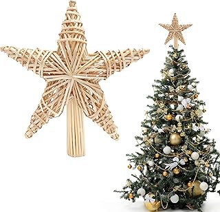 BELLE VOUS Christmas Tree Toppers - (27 x 25cm) Natural Handmade Straw Star Tree Topper - 3d Design Star Xmas Tree Topper Ornament - Straw Star Lace Christmas Tree Decoration Home Xmas Party Décor