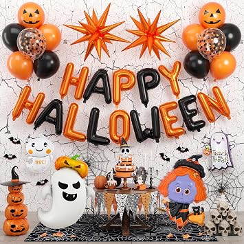 Paready Orange and Black Happy Halloween Balloons Decorations, Pumpkin Ghost Witch Foil Balloons, Orange Star Balloon Confetti Ghost Smile Print Balloon for Halloween Party Decorations Indoor
