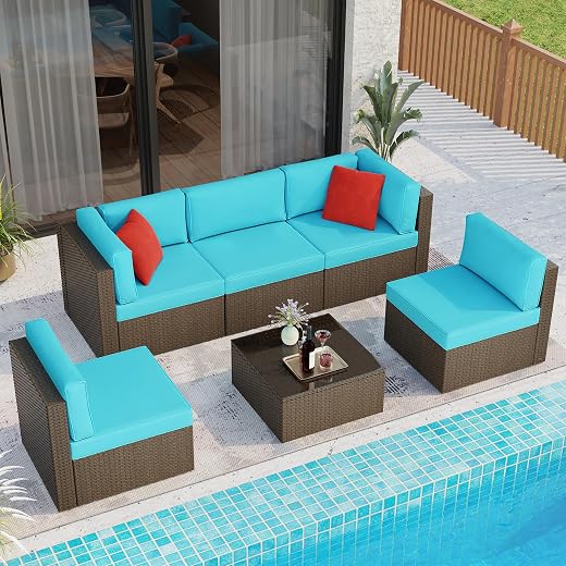 6 Pieces Patio Furniture Set Outdoor Couch Wicker Sectional Sofa, Blue