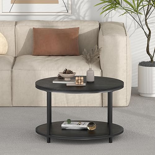 Miniatura 8 de NSdirect Mesa auxiliar redonda, mesa de centro pequeña de 25.6 pulgadas para sala de estar, escritorio de madera rústica de 2 niveles con estante de