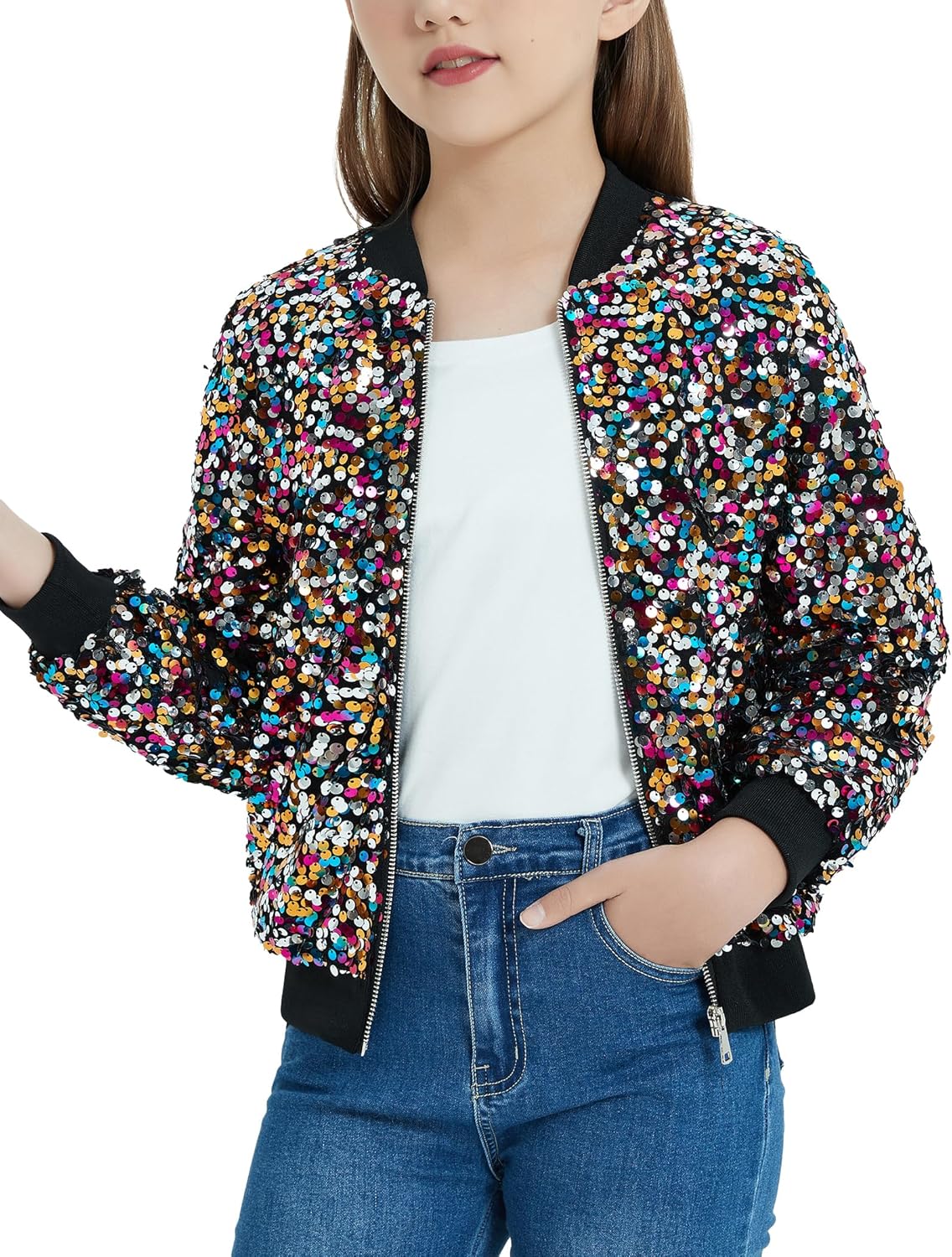 EXARUS Girls Sequin Bomber Jacket with Pockets Sparkle Glitter Lightweight Zipper Long Sleeve Jackets for Kid 6-12Y