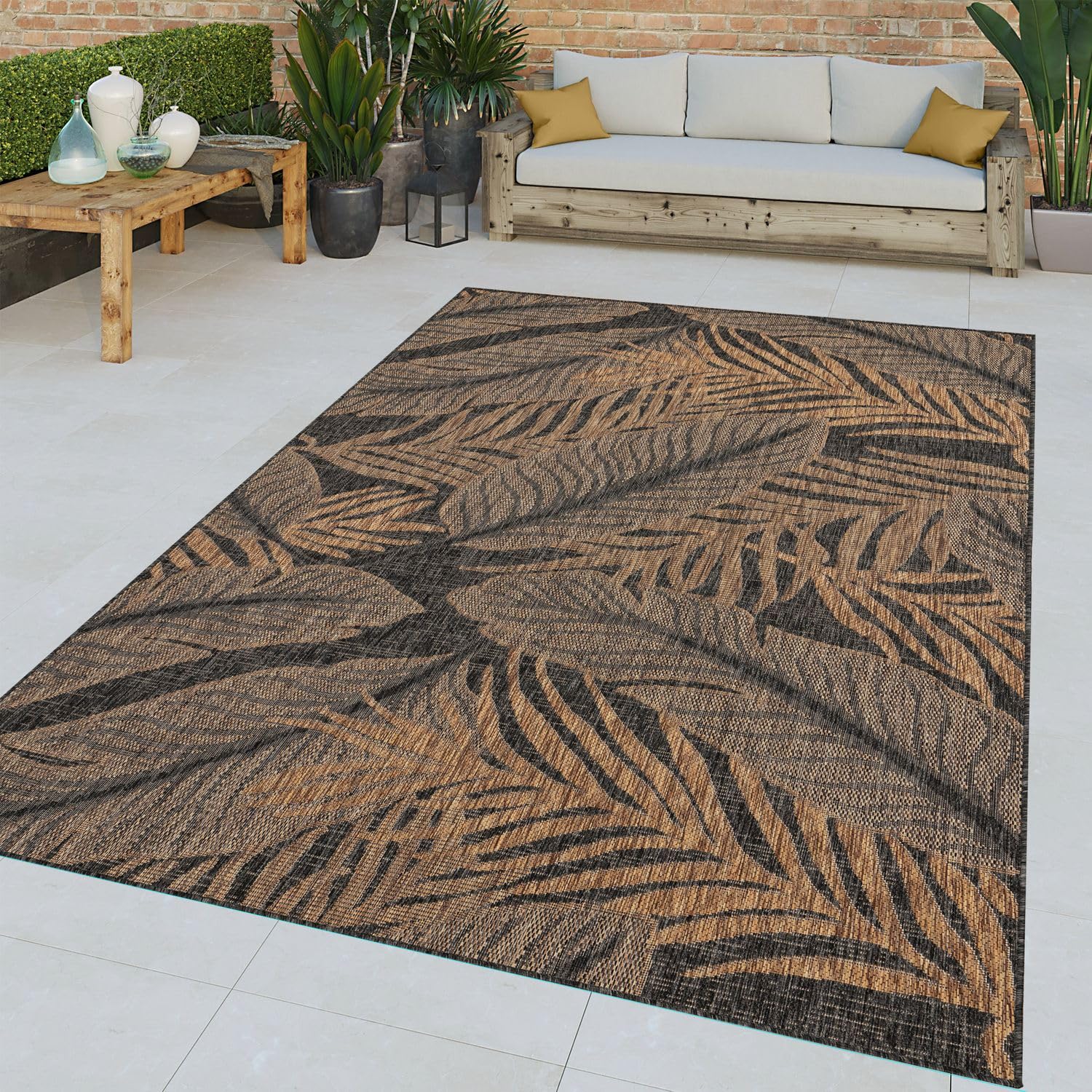 Paco Home Indoor and Outdoor Rug with Tropical Leaves in Black Brown, Size: 7'10" x 11'2"