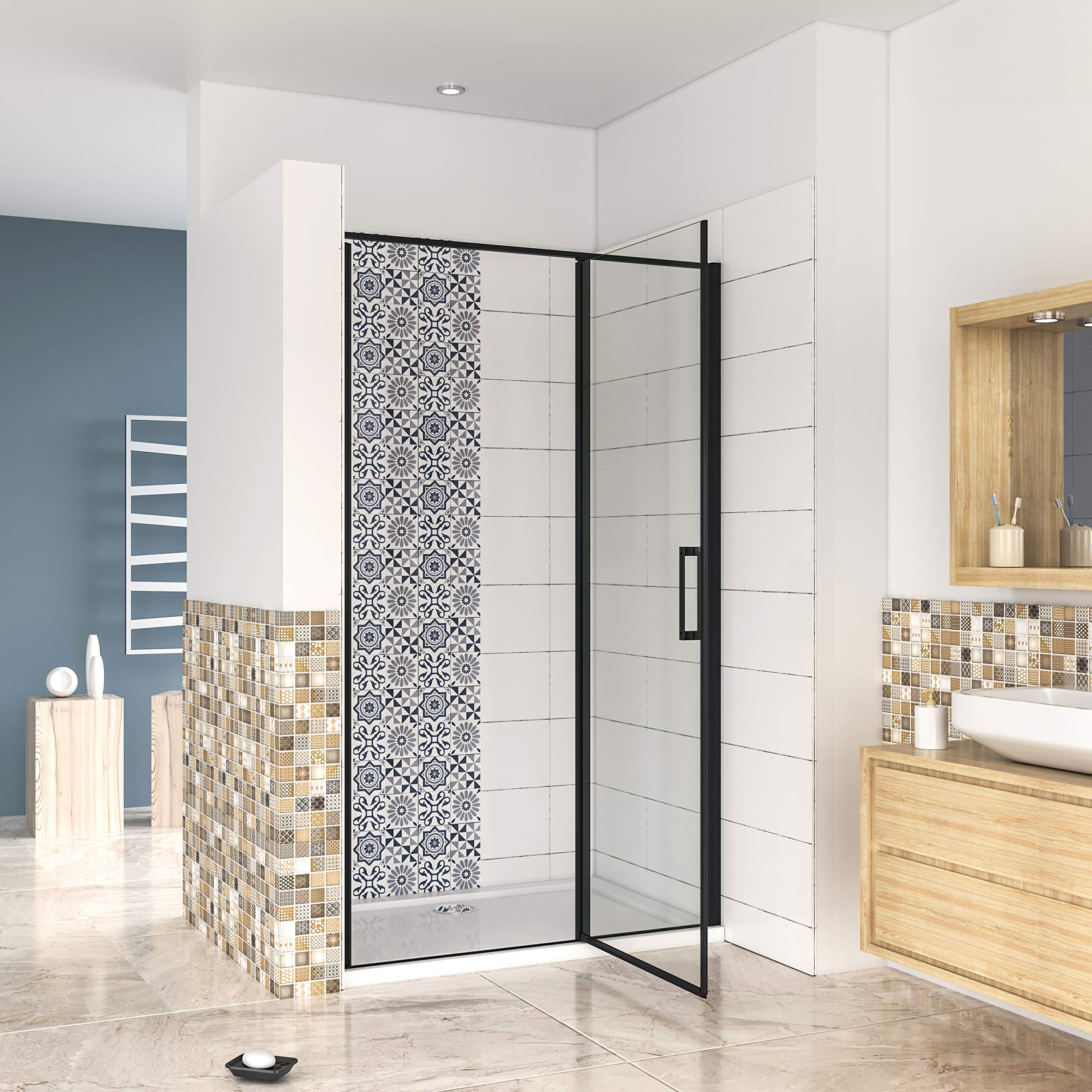 AICA porte de douche pivotante 120x185cm NOIR MAT en verre anticalcaire installation en niche